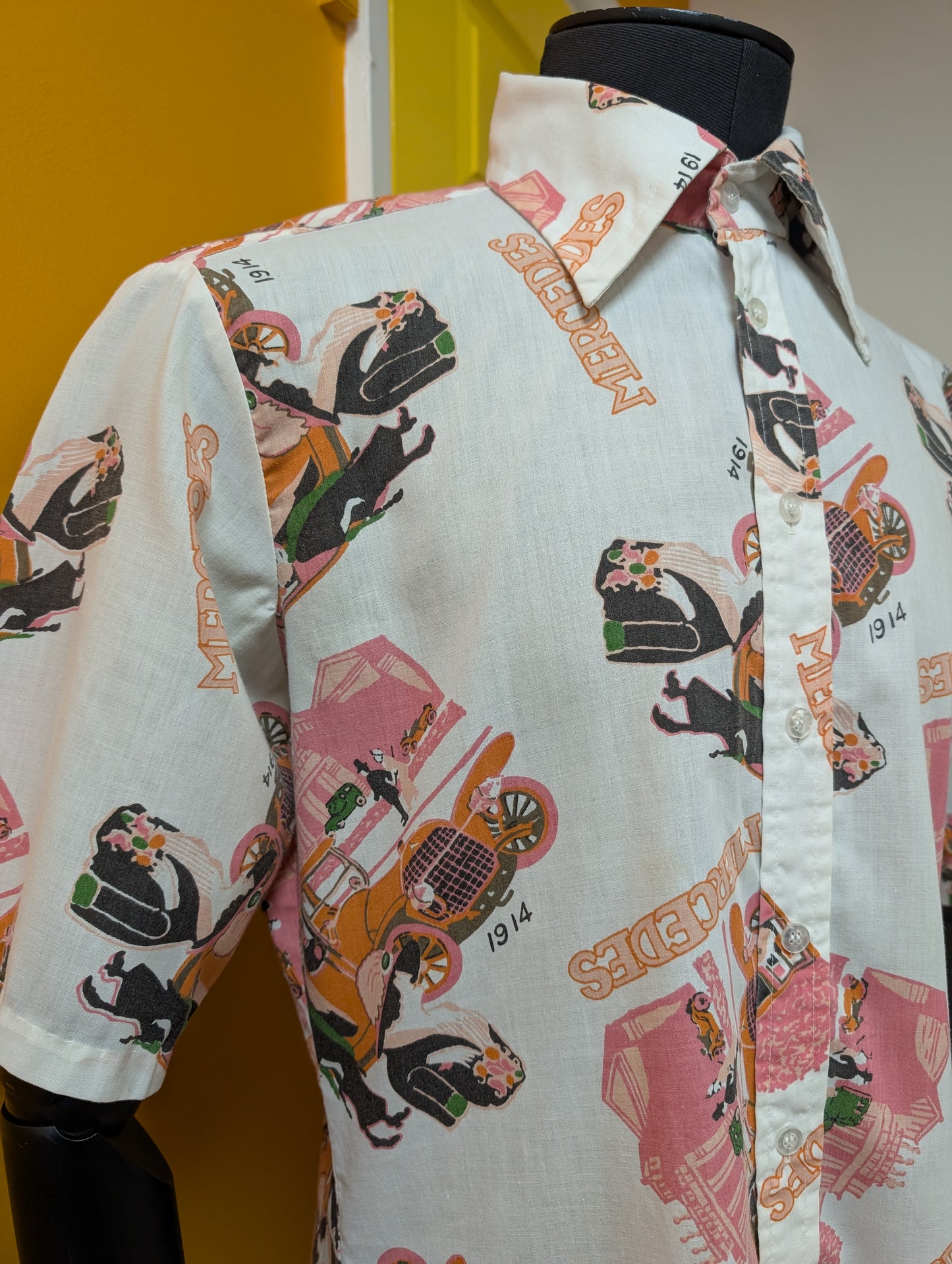 1970s Art Deco Mercedes novelty print shirt