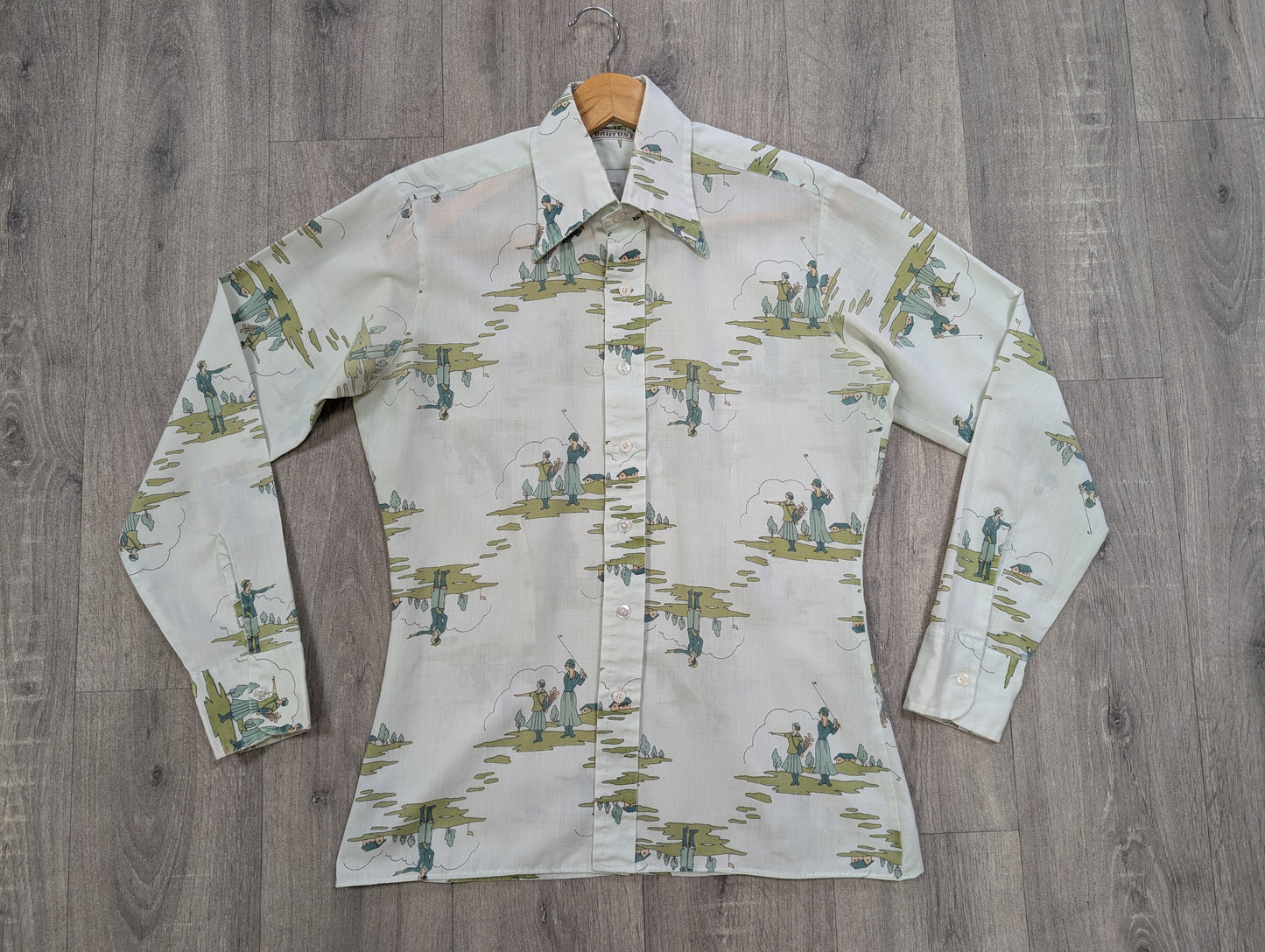 1970s Brutus novelty Art Deco golf print dagger collar shirt