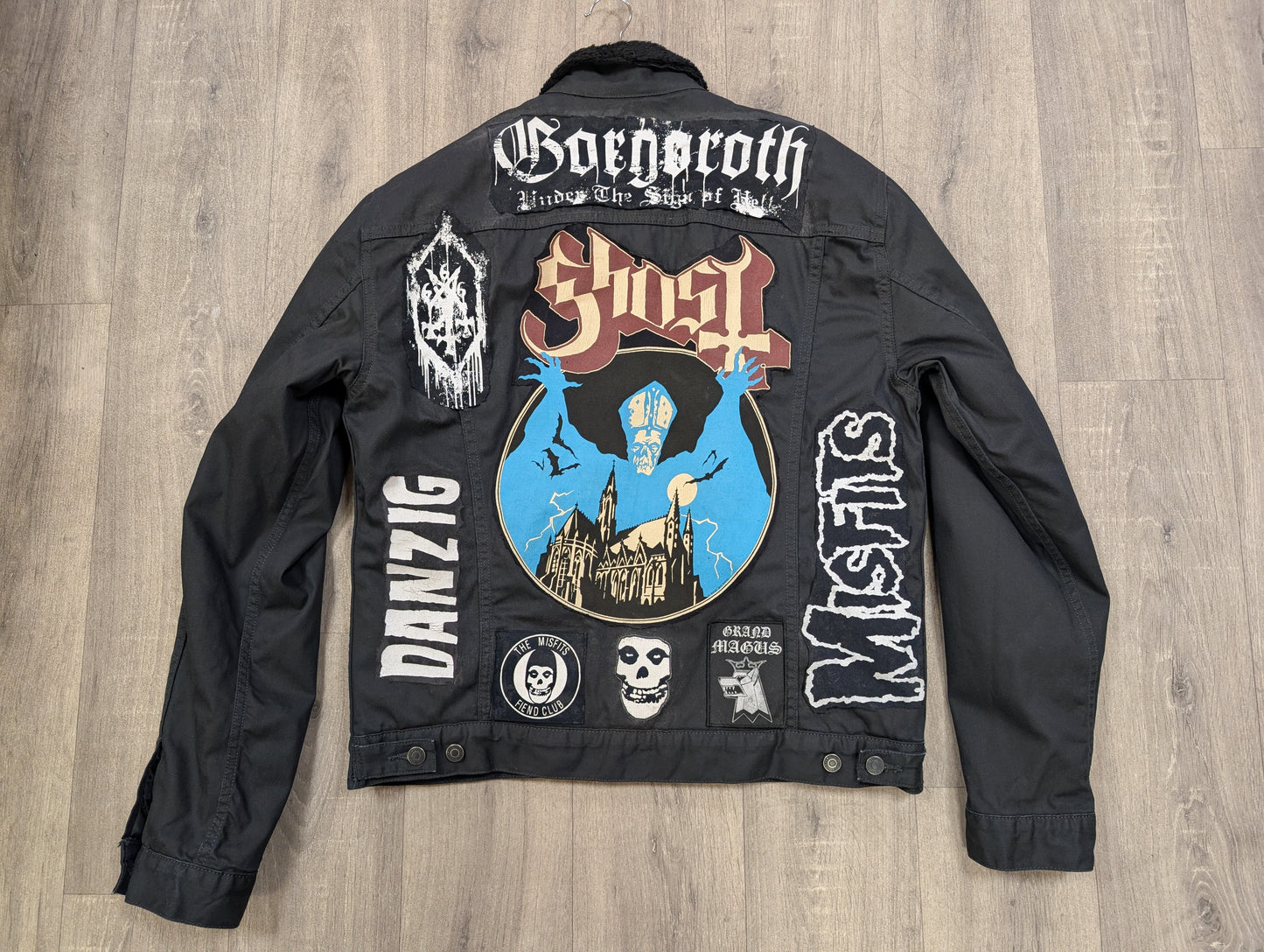 Customised Levi's jacket with band patches