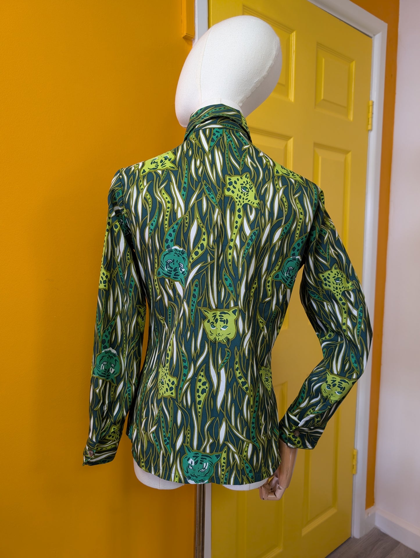 1970s green novelty print tiger shirt - S/M