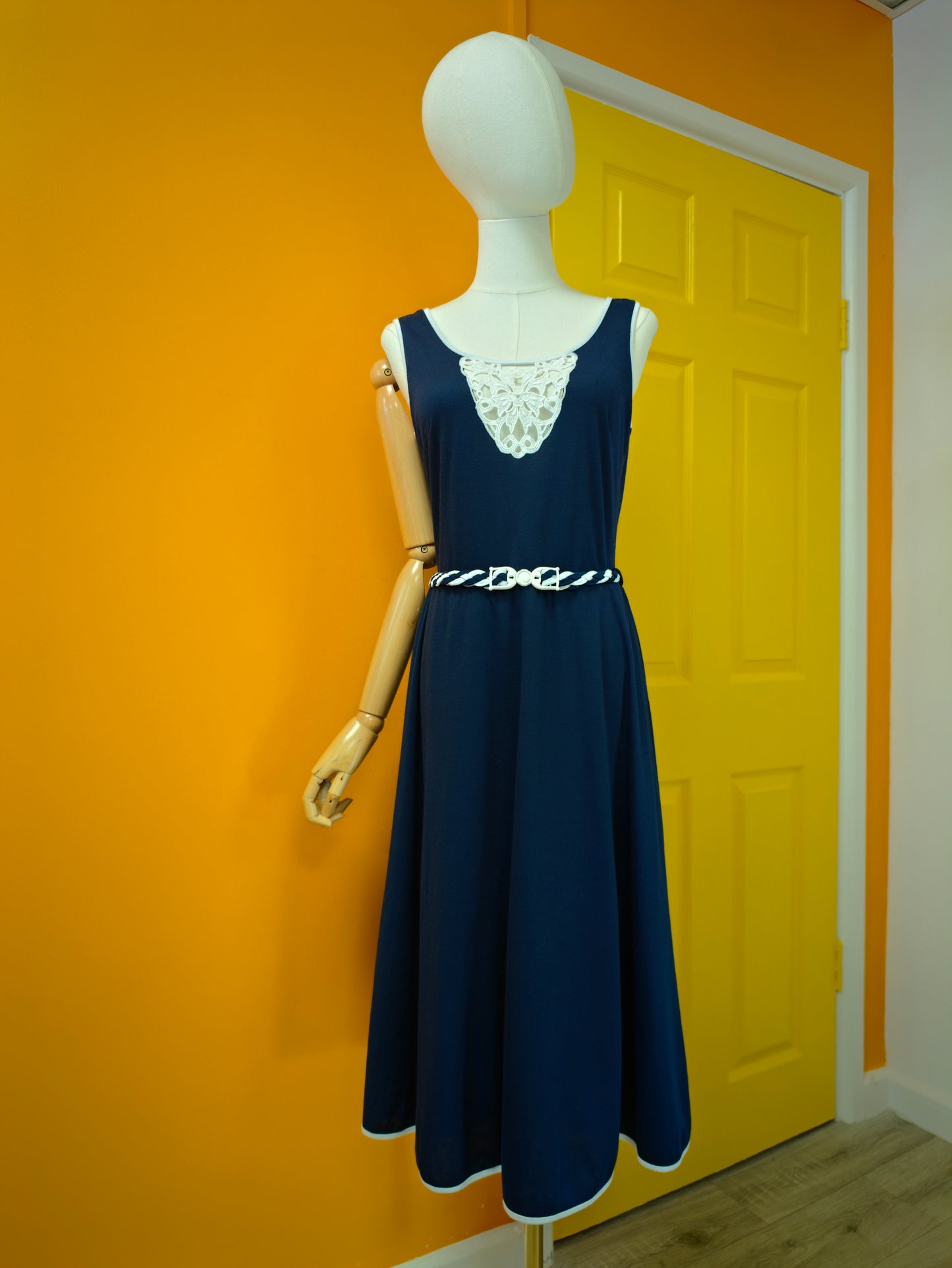 70s/80s Oyster navy & white dress - 10/12