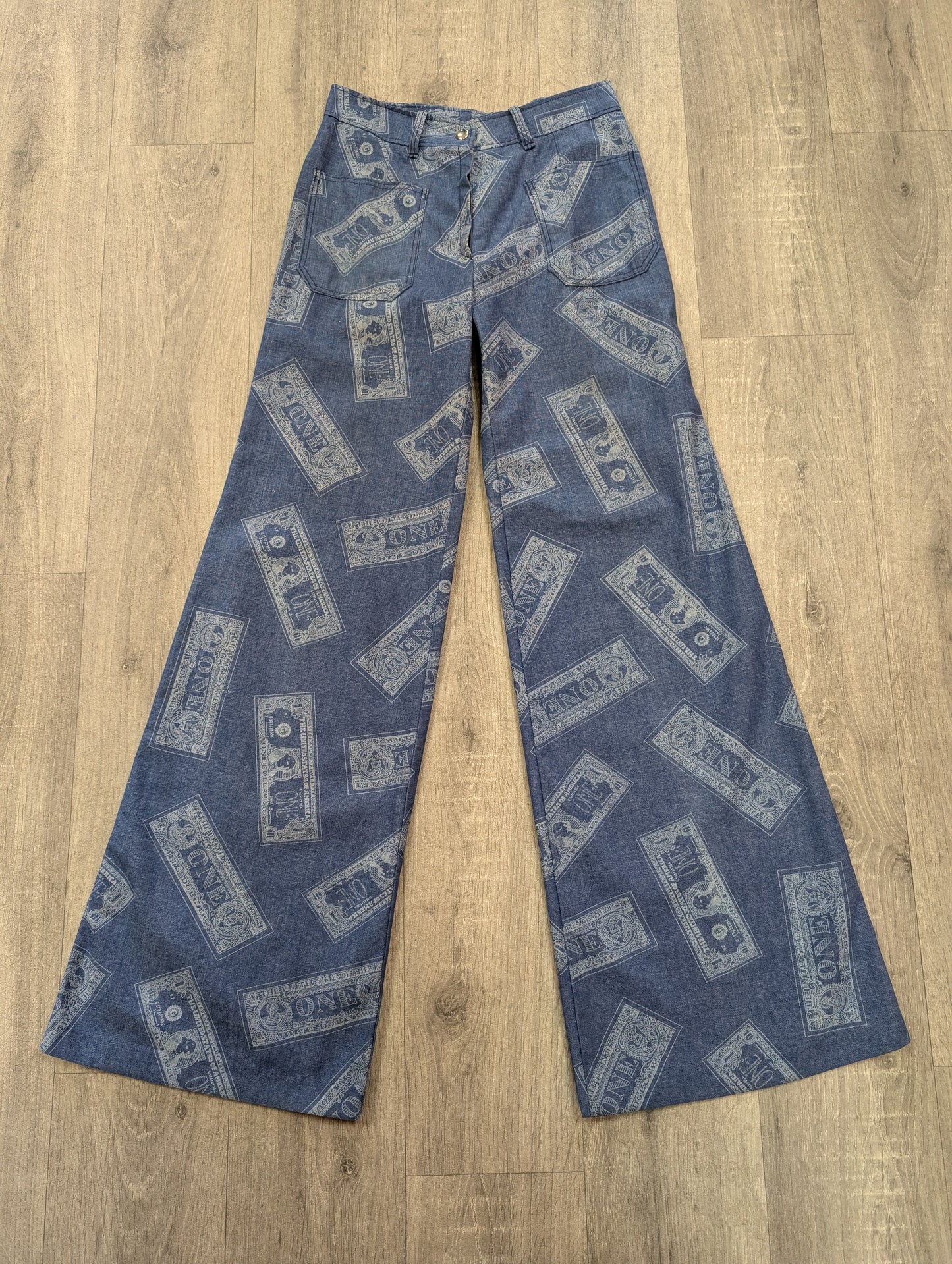 Epic 1970s Dereta novelty dollar bill print flares - 26"W 32"L