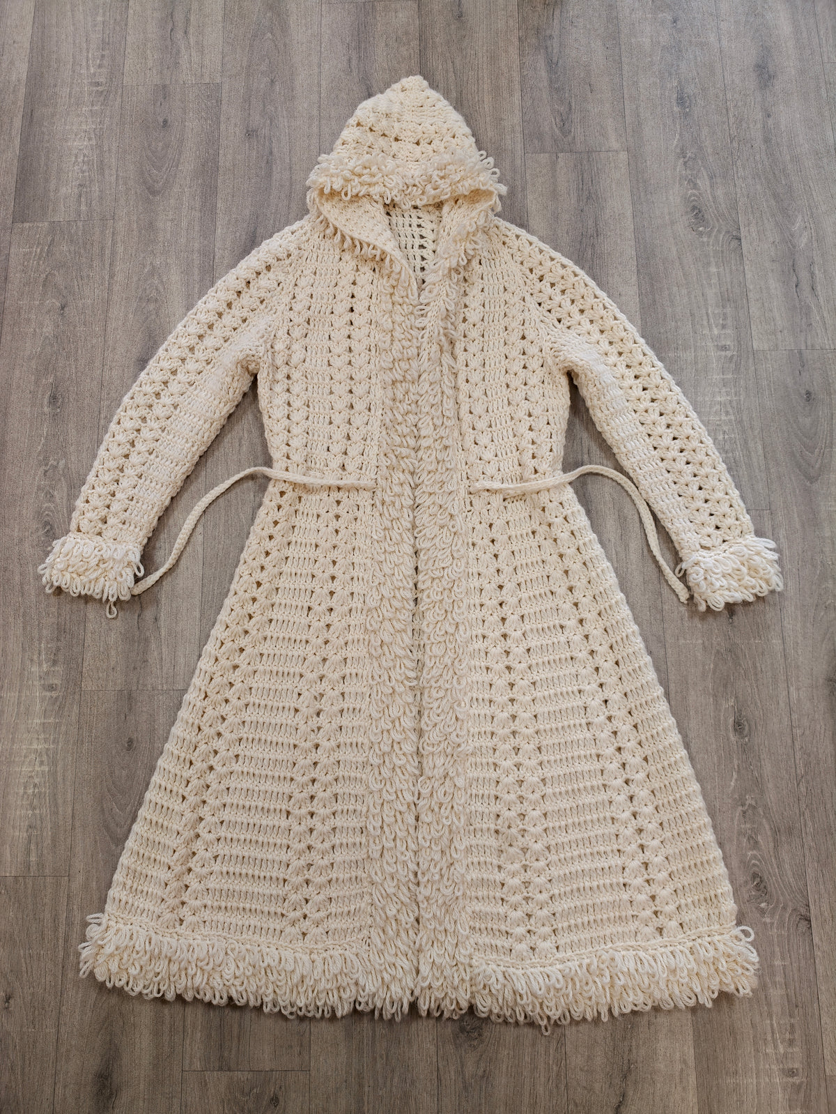 1970s crochet loop stitch hooded long cardigan