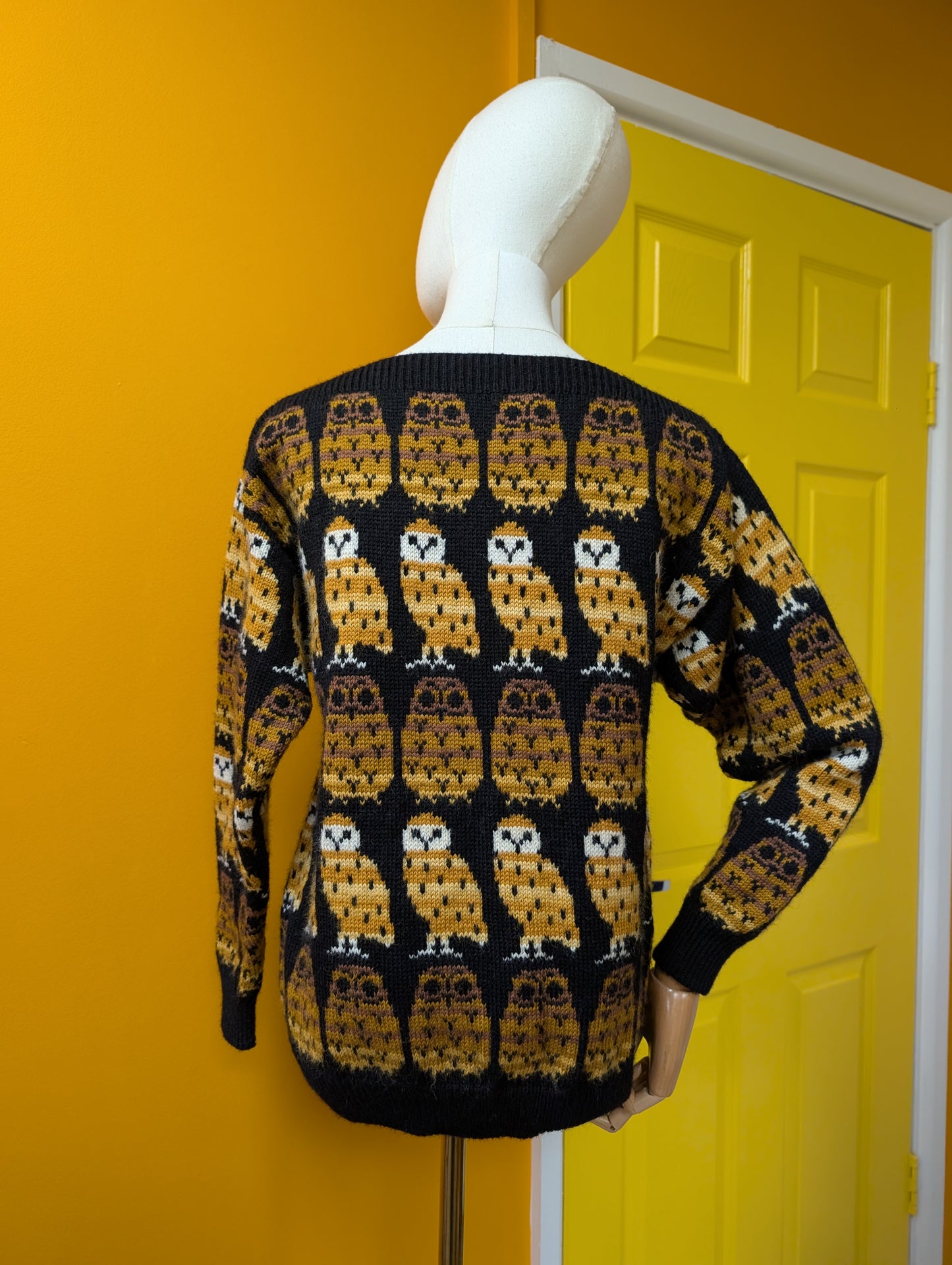 Black Sheep Designs novelty owl slash neck wool jumper - S