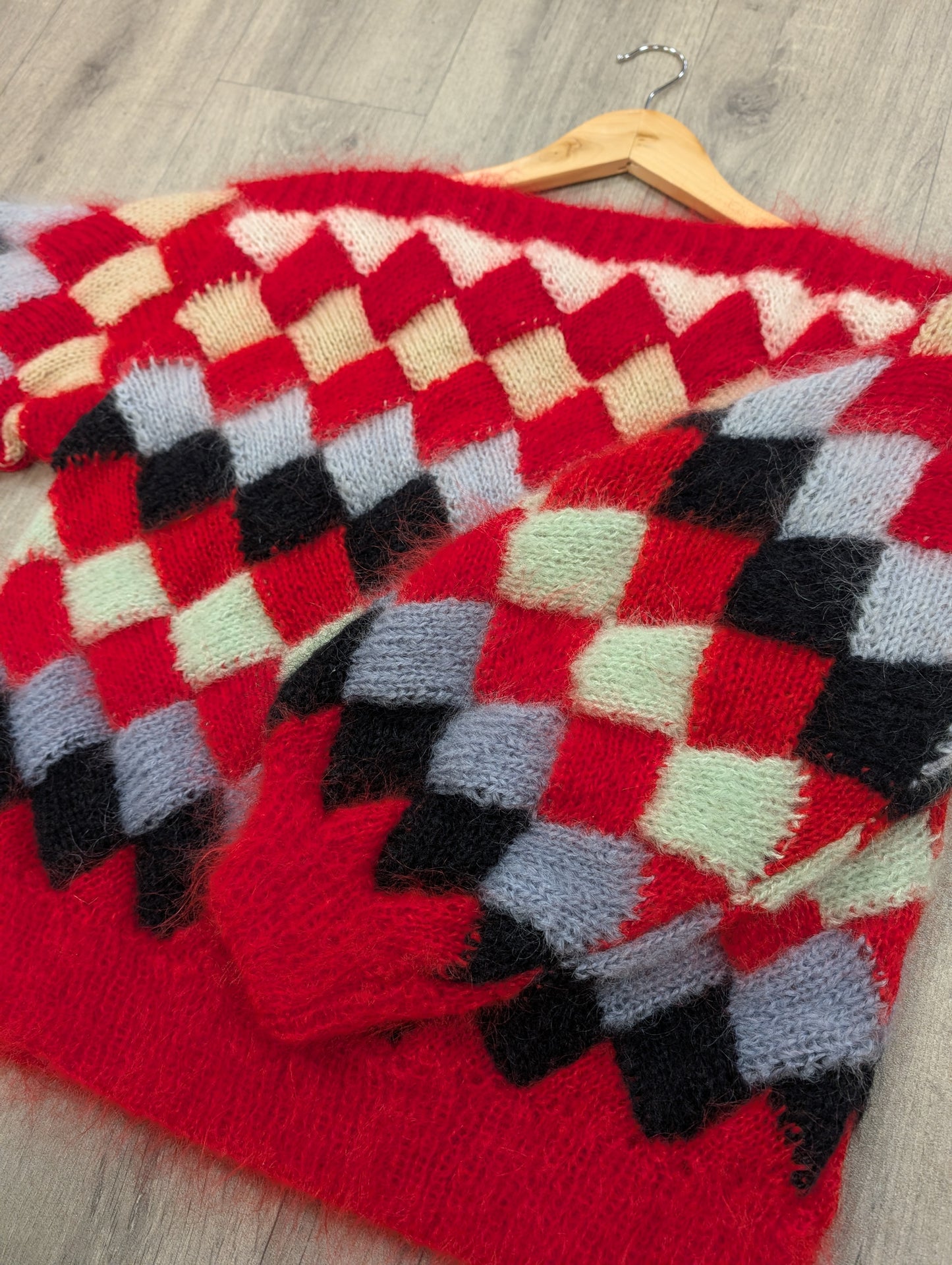 1980s red mohair hand knitted jumper - S/M