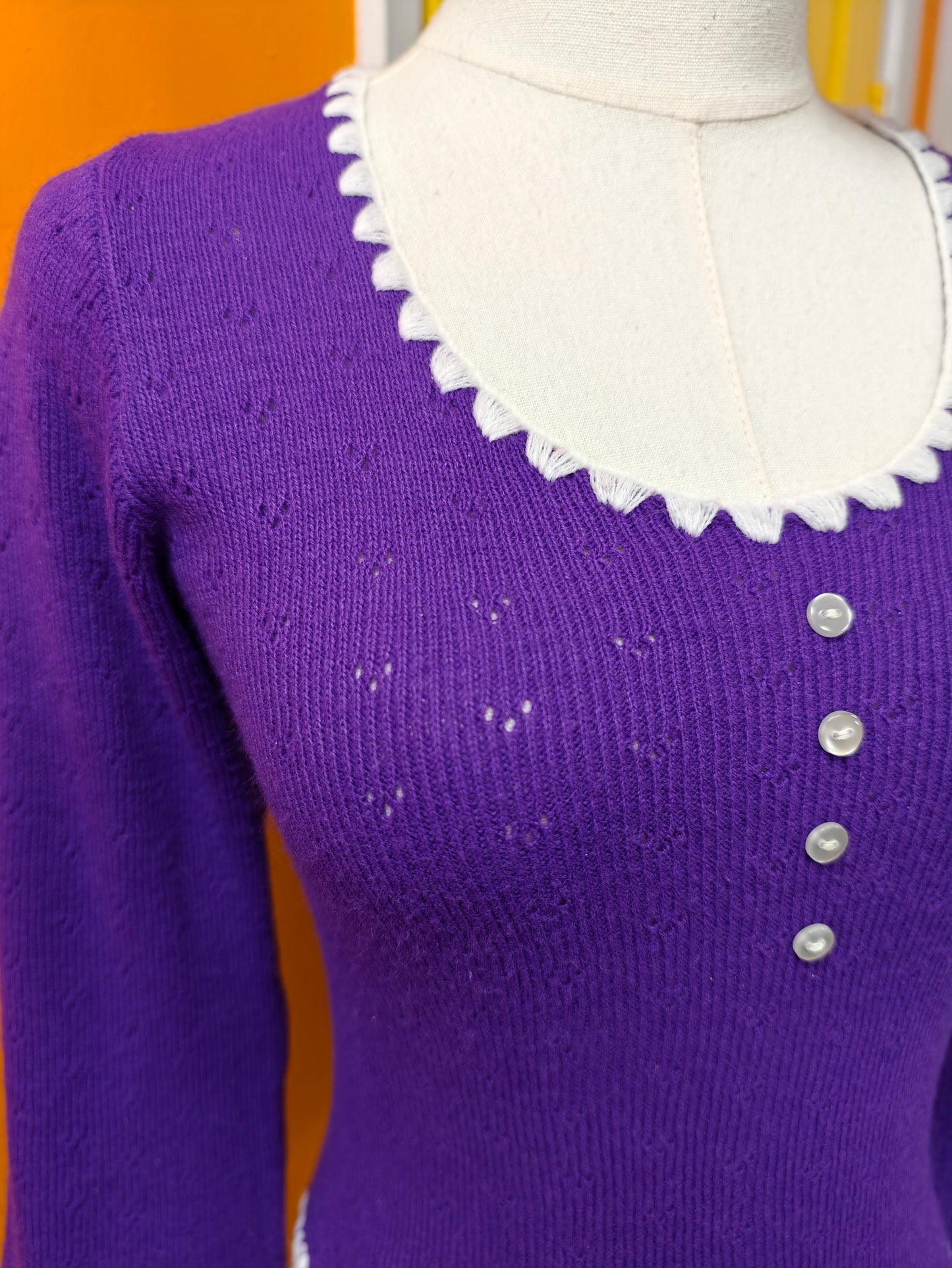 1970s purple knitted top with white trim - XS/S