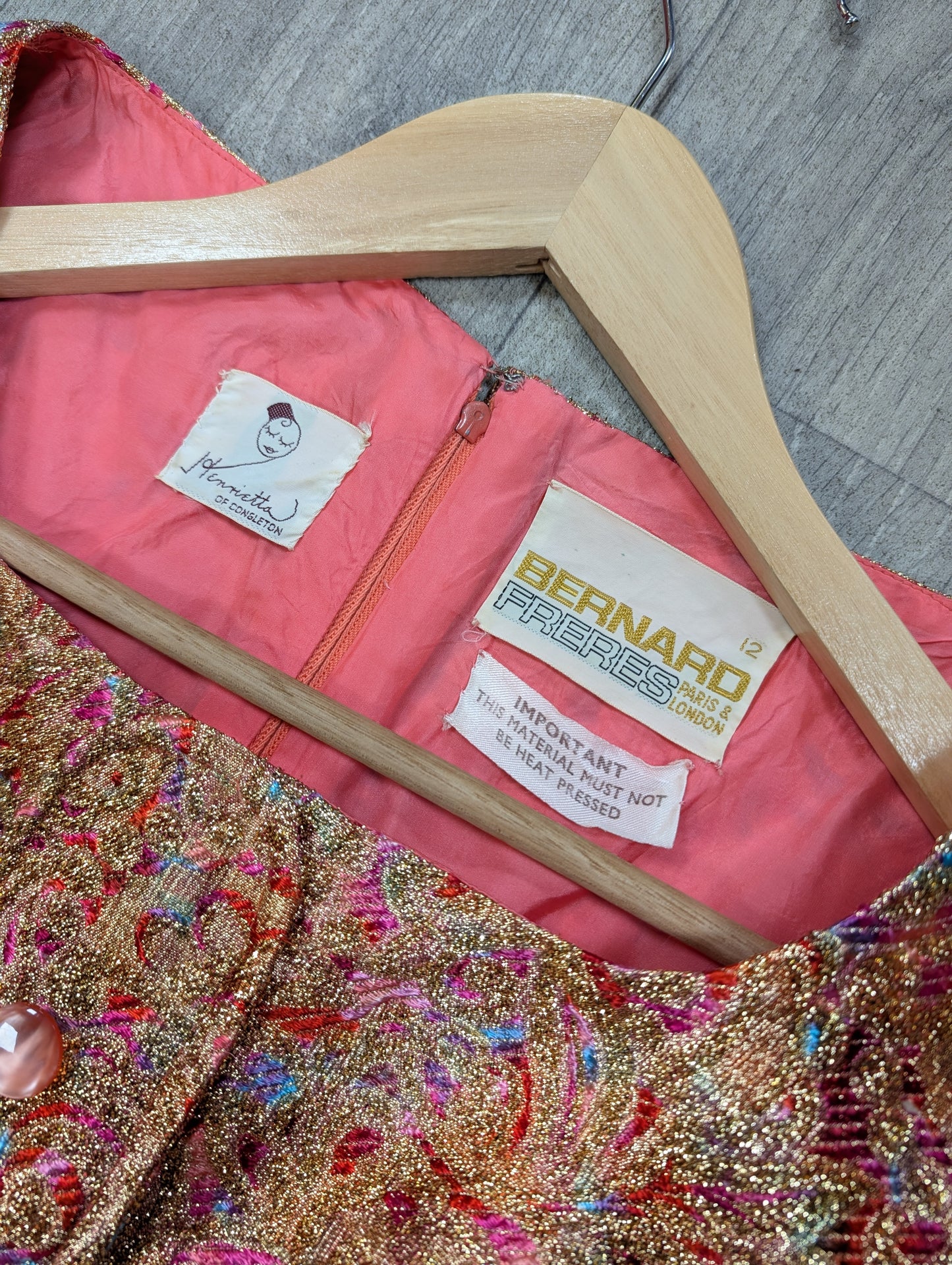 1960s Bernard Freres pink & gold sparkly dress - S/8/10