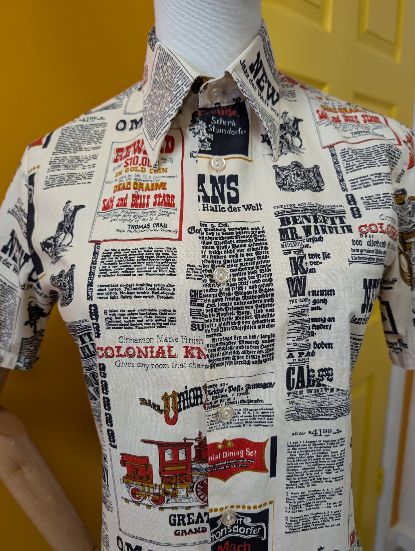 1970s St Michael novelty newspaper print dagger collar shirt