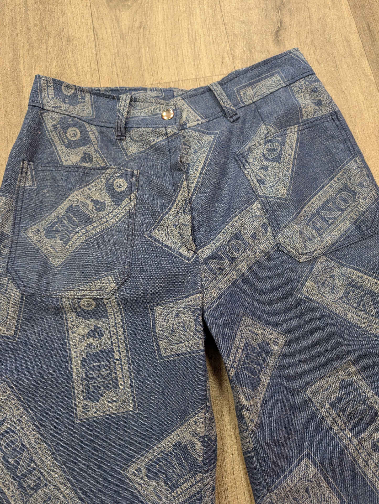 Epic 1970s Dereta novelty dollar bill print flares - 26"W 32"L
