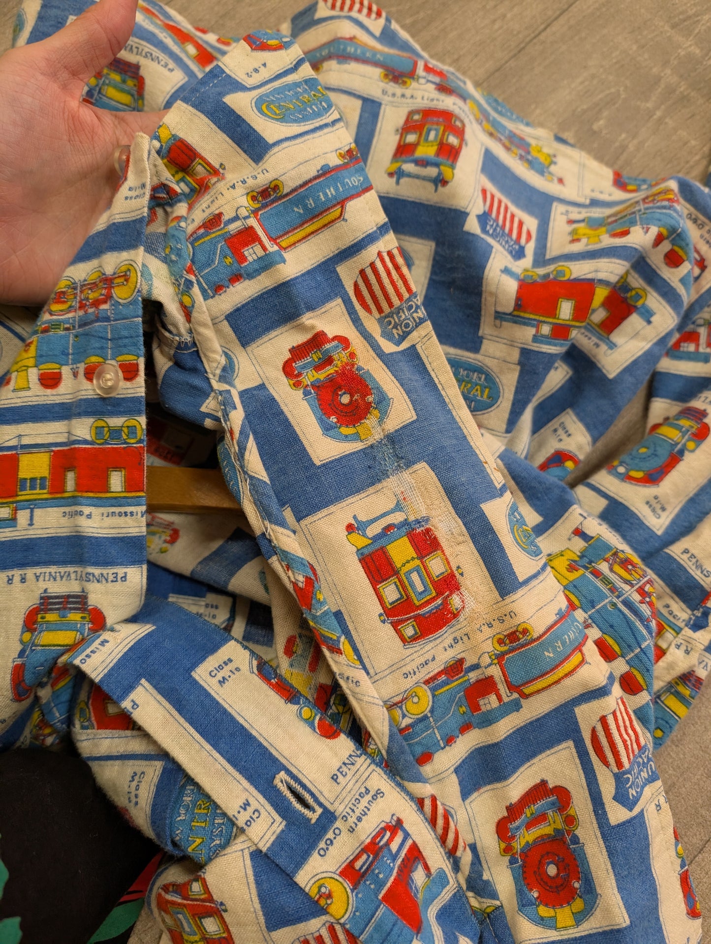 1960s Prest-Rite novelty train print cotton flannel shirt