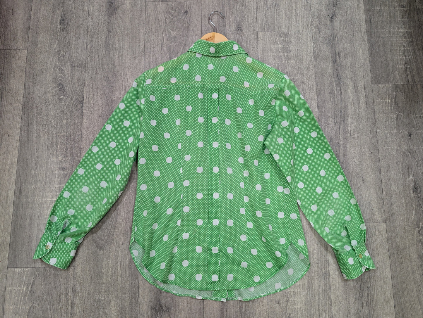 1970s green & white polka dot dagger collar shirt - M