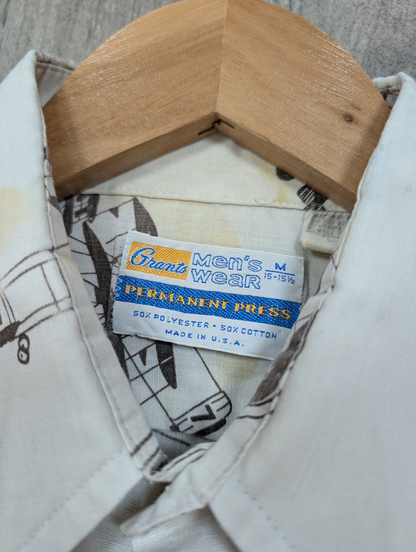 1970s Grants novelty aeroplane print dagger collar shirt