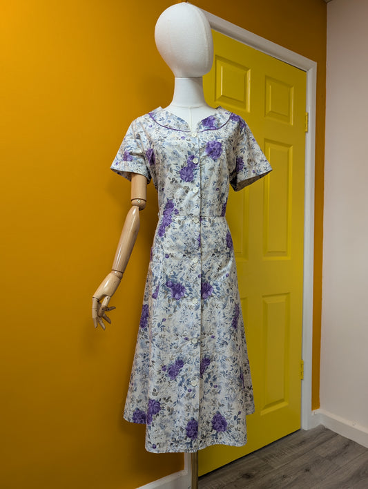 50s/60s purple floral cotton dress - L/16