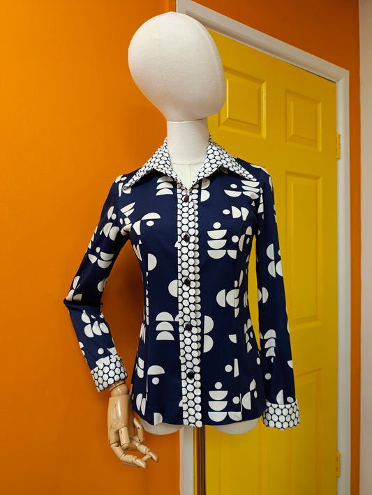 1970s navy/white shirt - XS/S