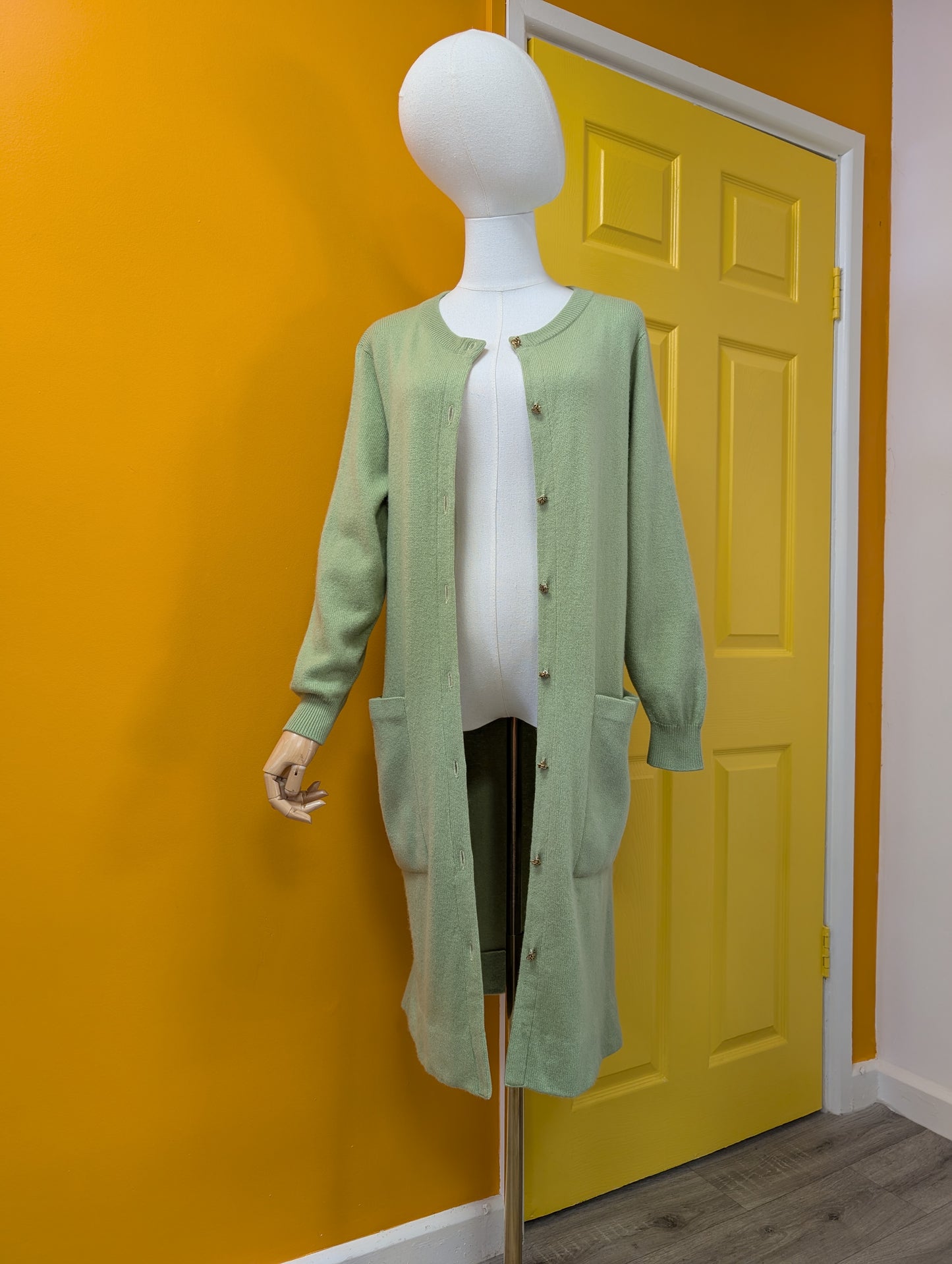 Gorgeous 1960s Bonnie Cashin Ballantyne cashmere long green cardigan