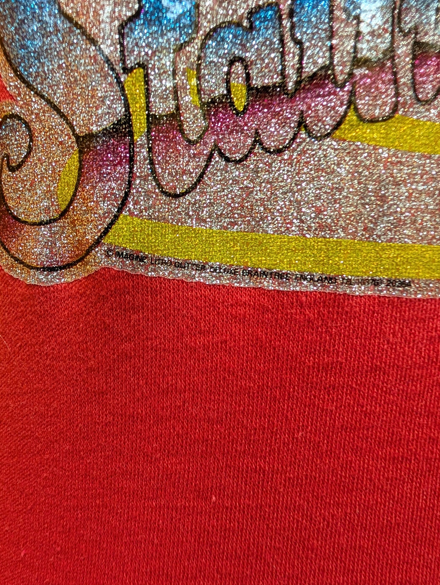 1970s red t-shirt with Led Zeppelin Stairway to Heaven glitter transfer
