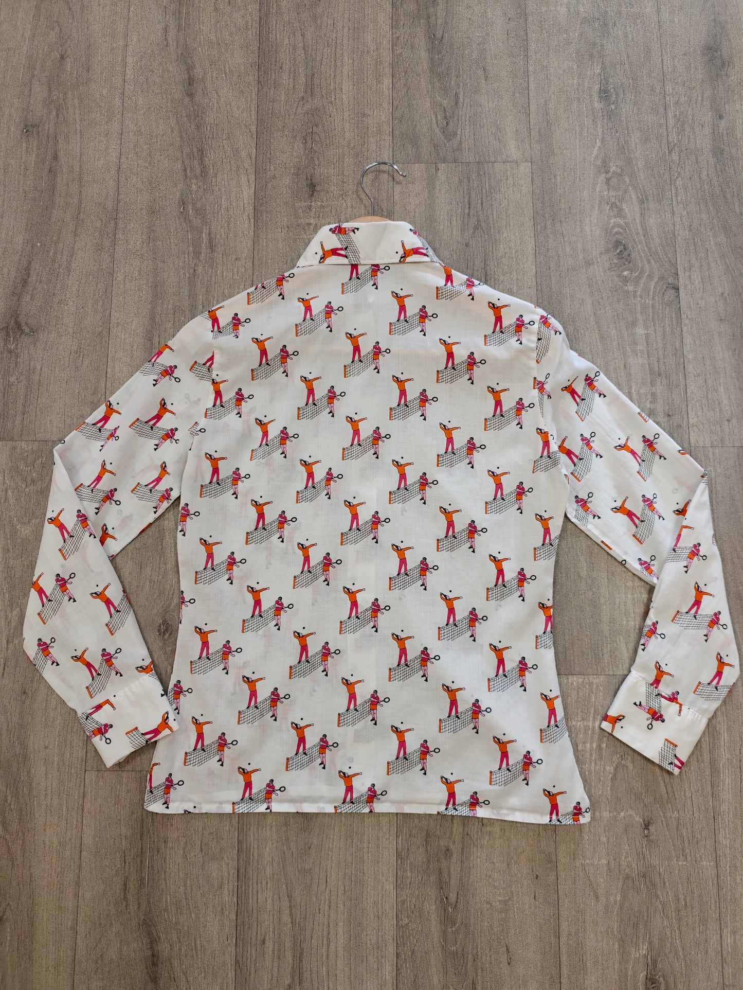1970s novelty tennis print cotton dagger collar shirt - M