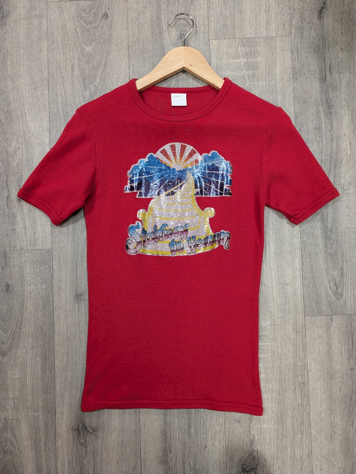 1970s red t-shirt with Led Zeppelin Stairway to Heaven glitter transfer