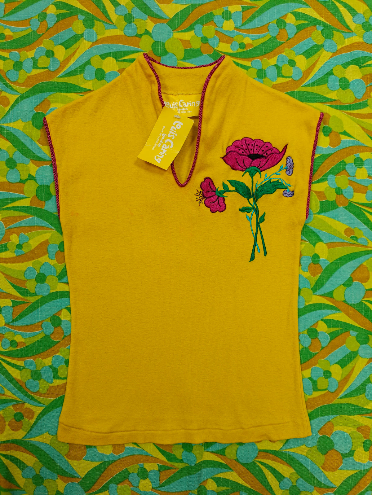Deadstock 1970s Louis Caring yellow embroidered cotton top - XS/S