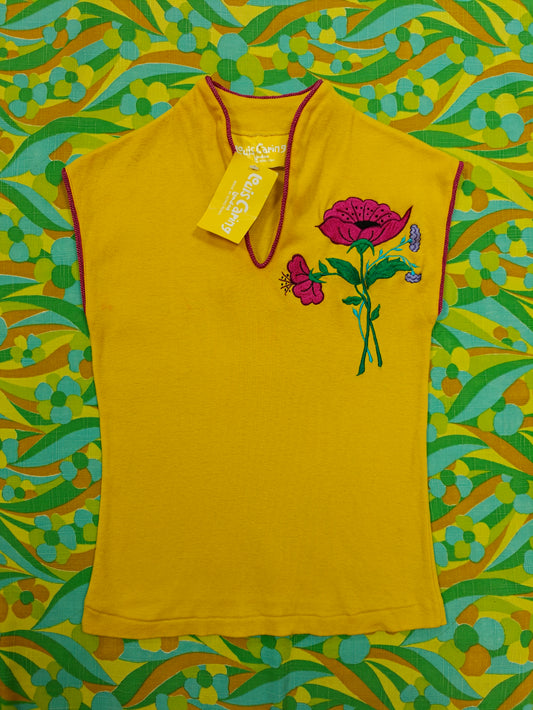 Deadstock 1970s Louis Caring yellow embroidered cotton top - XS/S