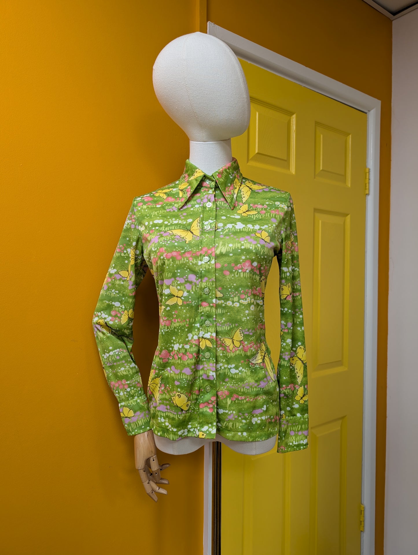 1970s Whip-O-Will green novelty butterfly print shirt - XS/S