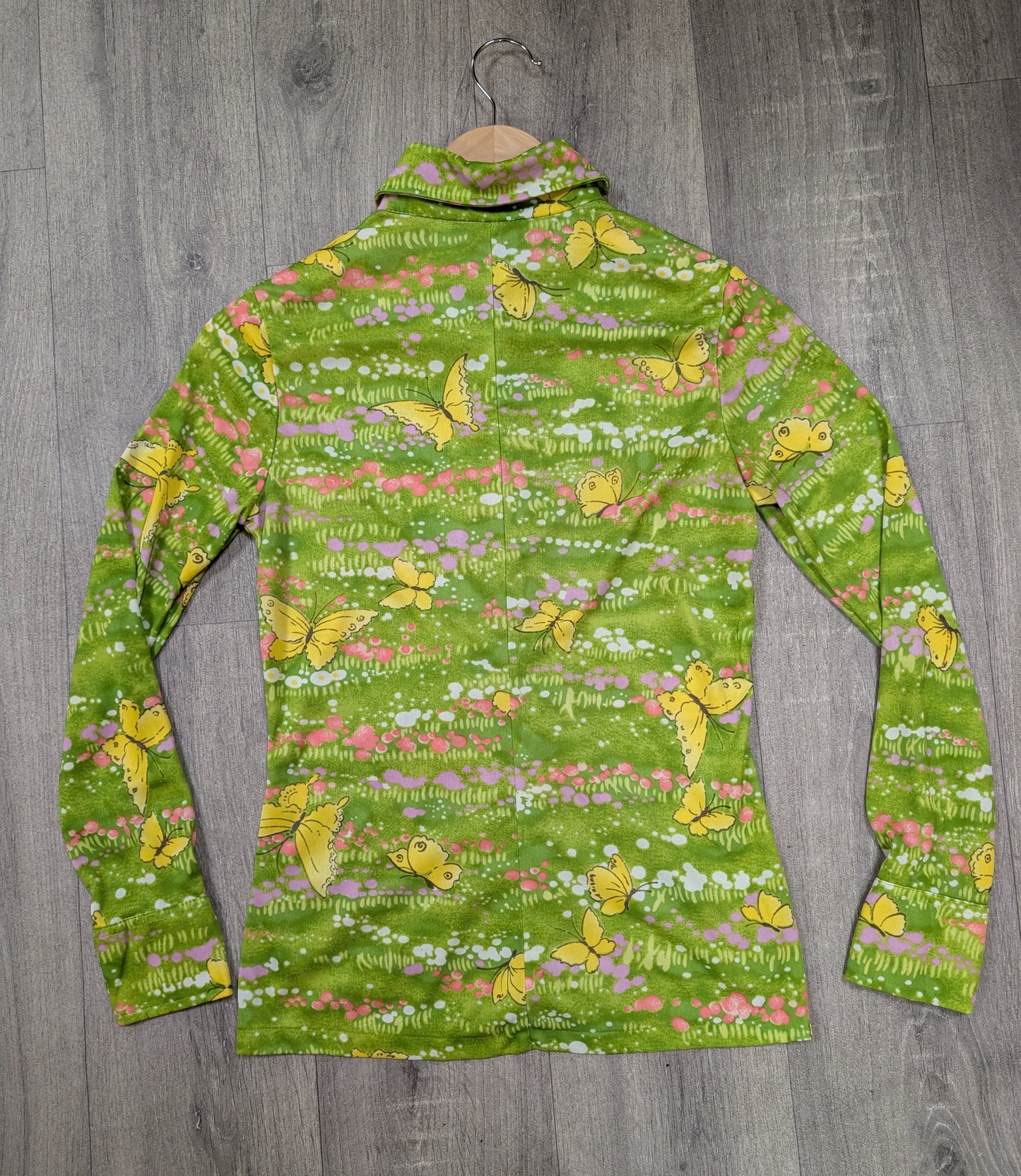 1970s Whip-O-Will green novelty butterfly print shirt - XS/S