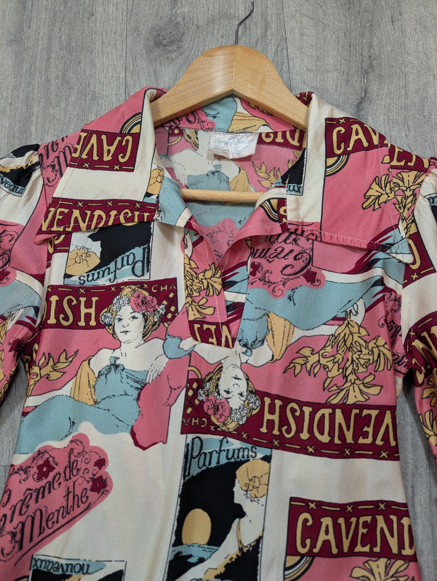 1970s Dorothy Perkins novelty Art Nouveau print tie waist top - XS/S