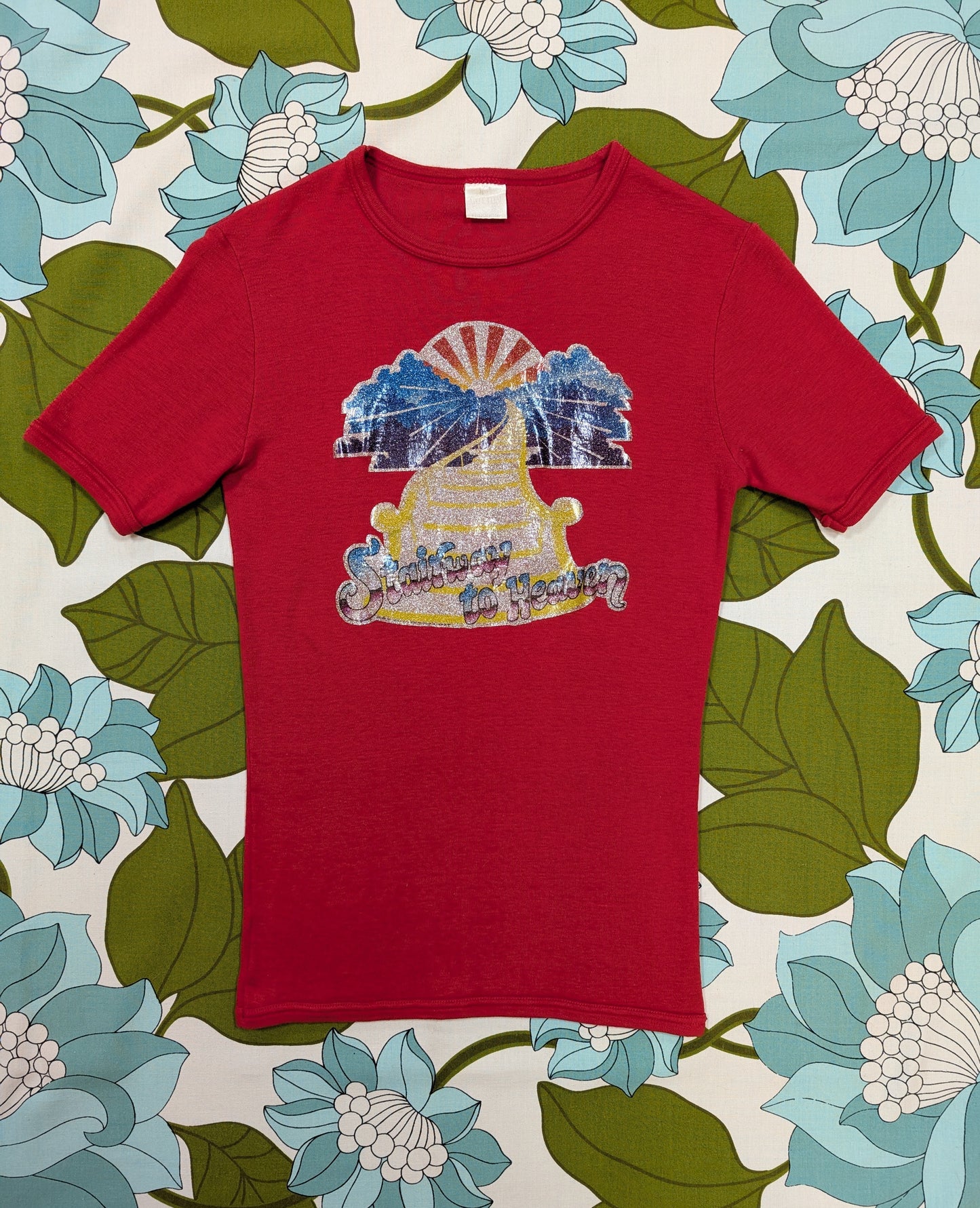 1970s red t-shirt with Led Zeppelin Stairway to Heaven glitter transfer