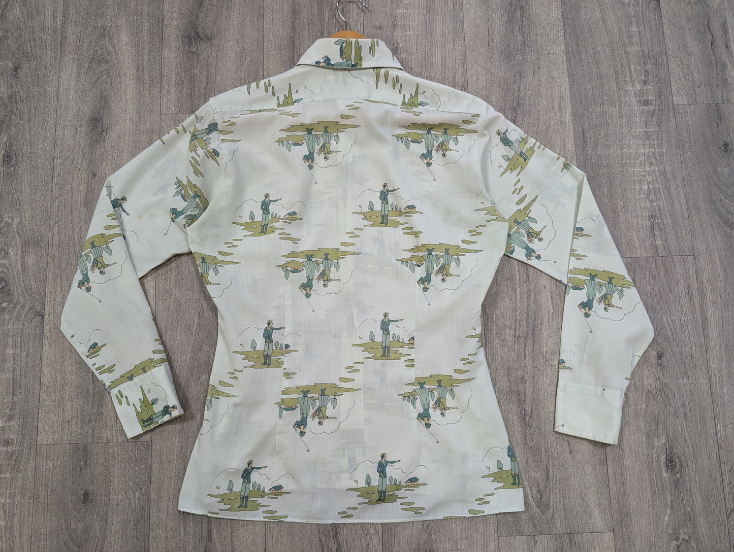 1970s Brutus novelty Art Deco golf print dagger collar shirt