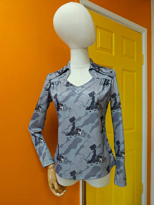 1970s novelty print grey top - S
