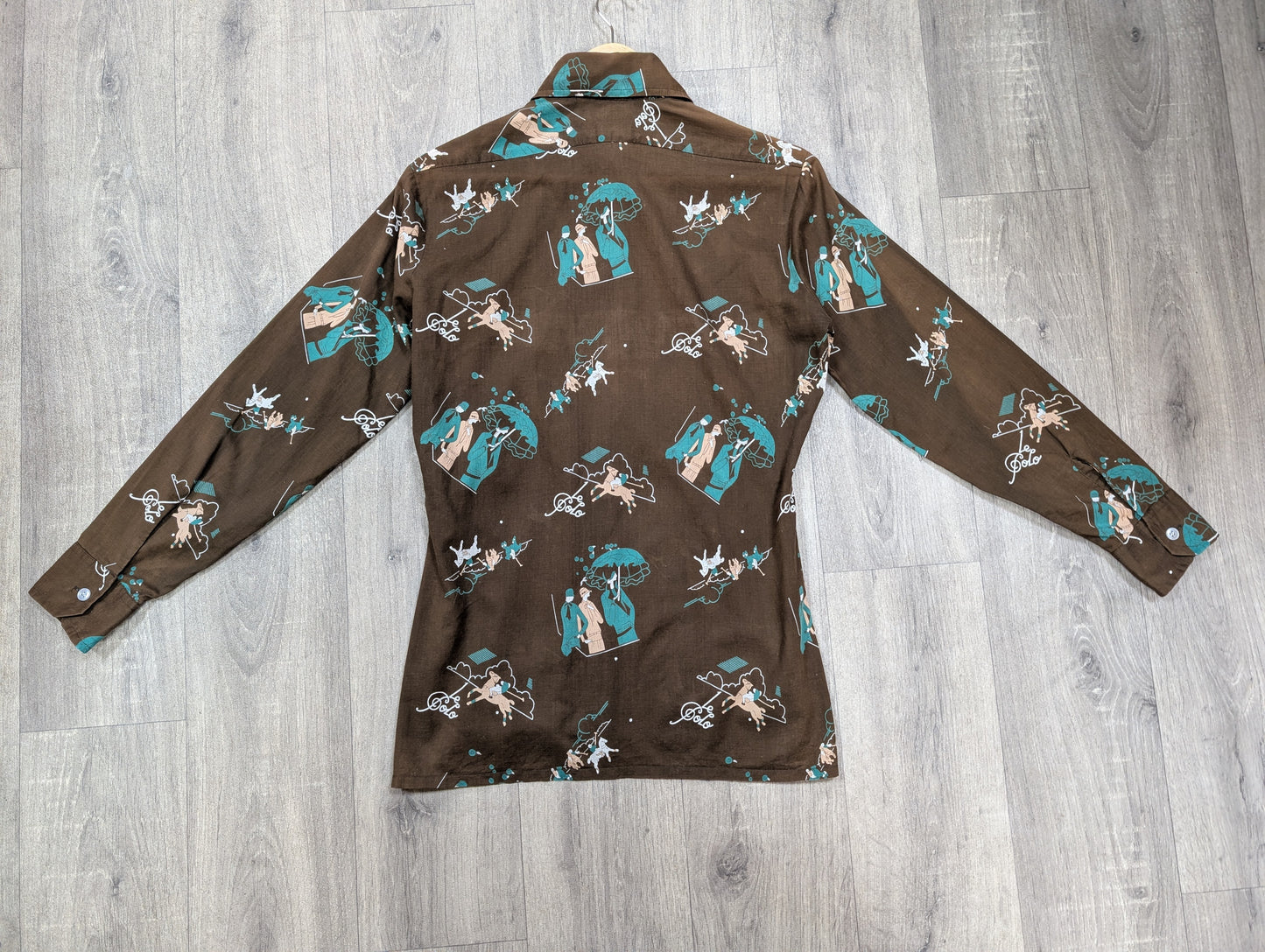 1970s Jonathan cotton Art Deco polo novelty print shirt