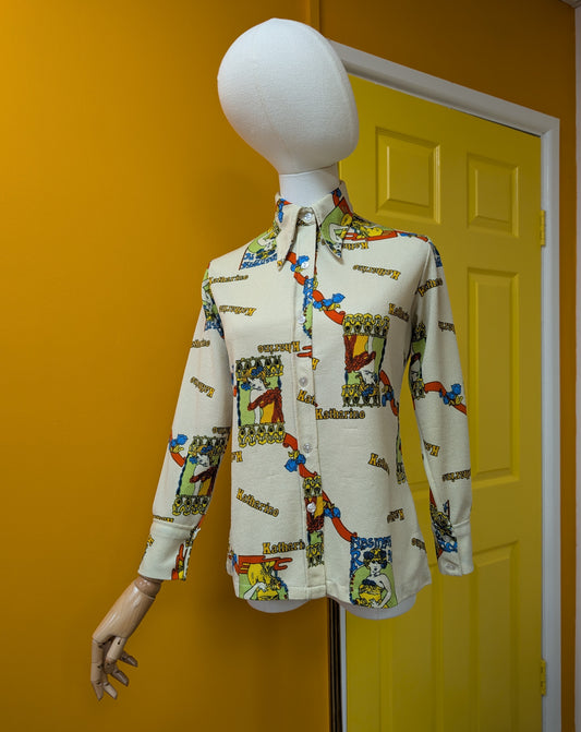 1970s novelty print Katharine dagger collar shirt - S