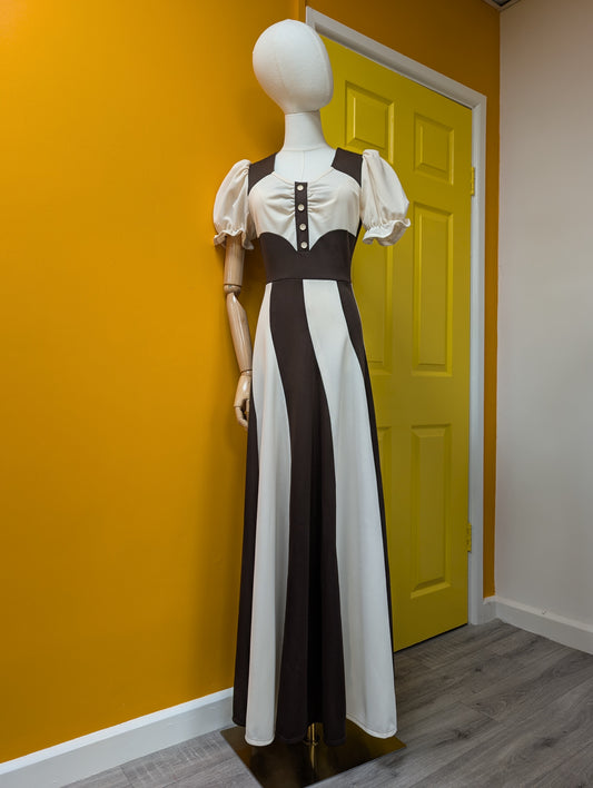 1970s brown & white swirl maxi dress - S/8
