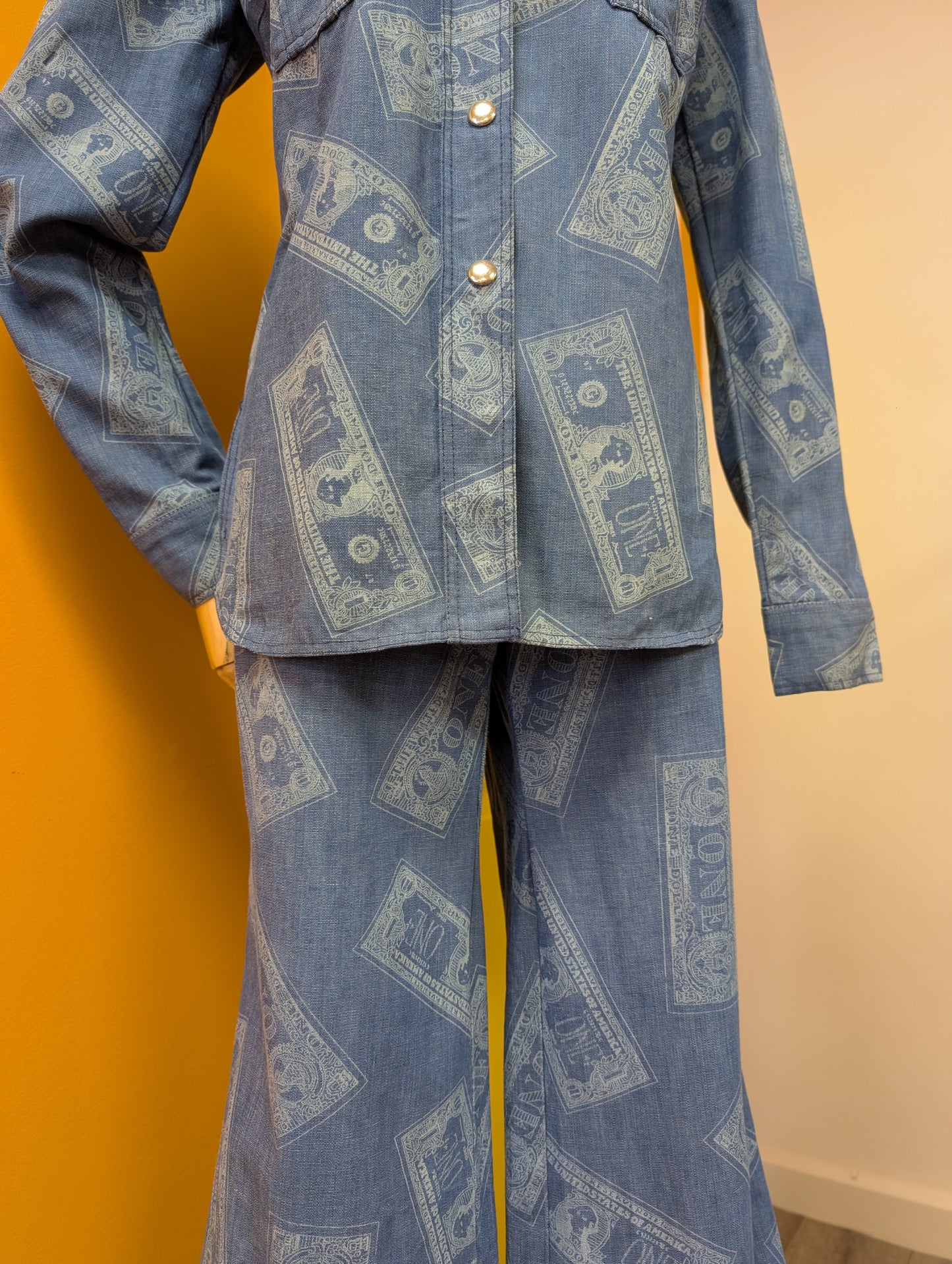 1970s Dereta novelty dollar bill print flares and shirt trouser suit - S