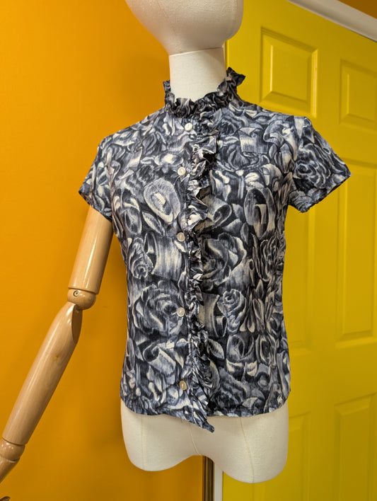 1960s grey abstract floral top - XS/S