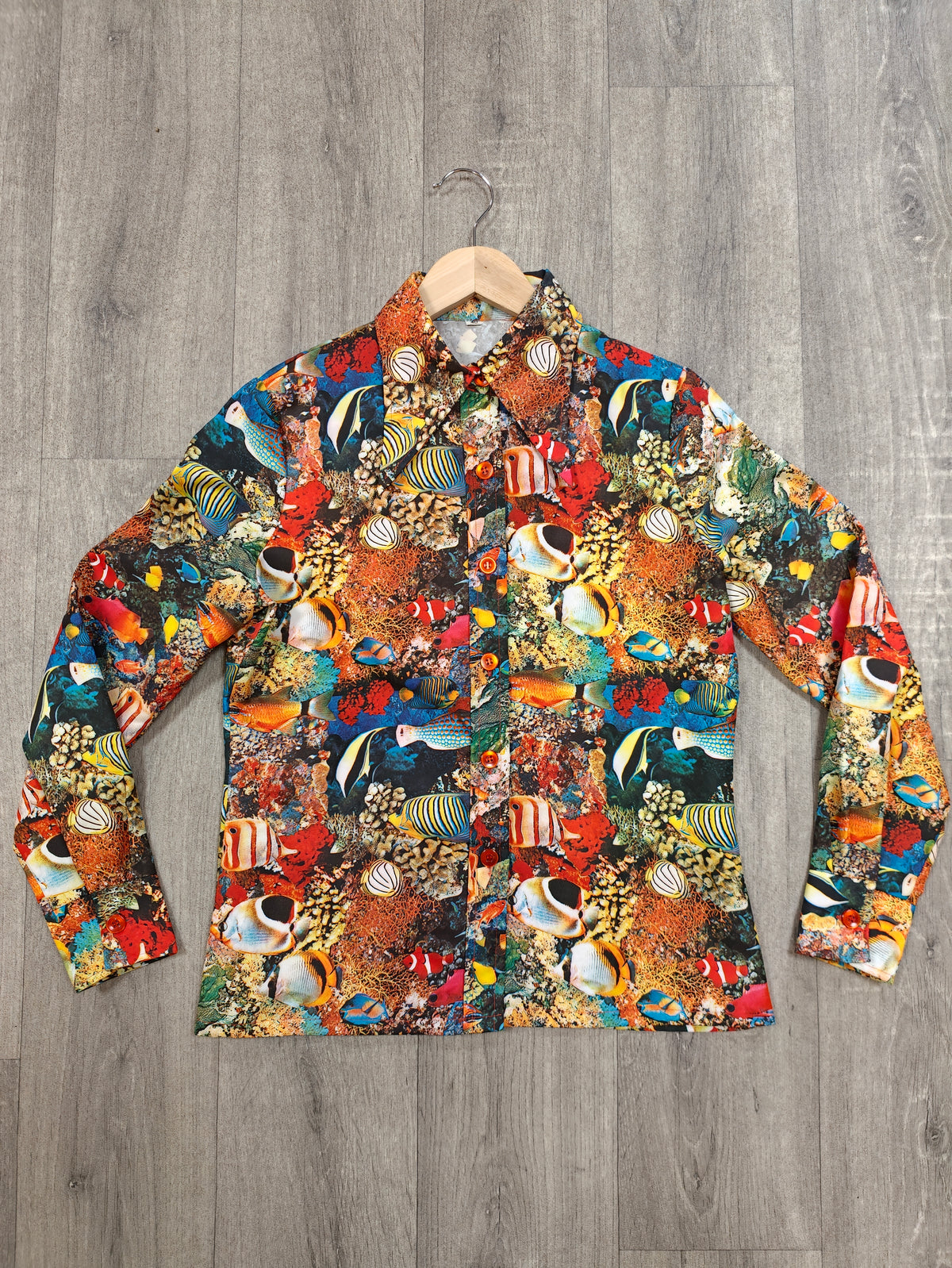 1970s novelty fish print dagger collar shirt - M