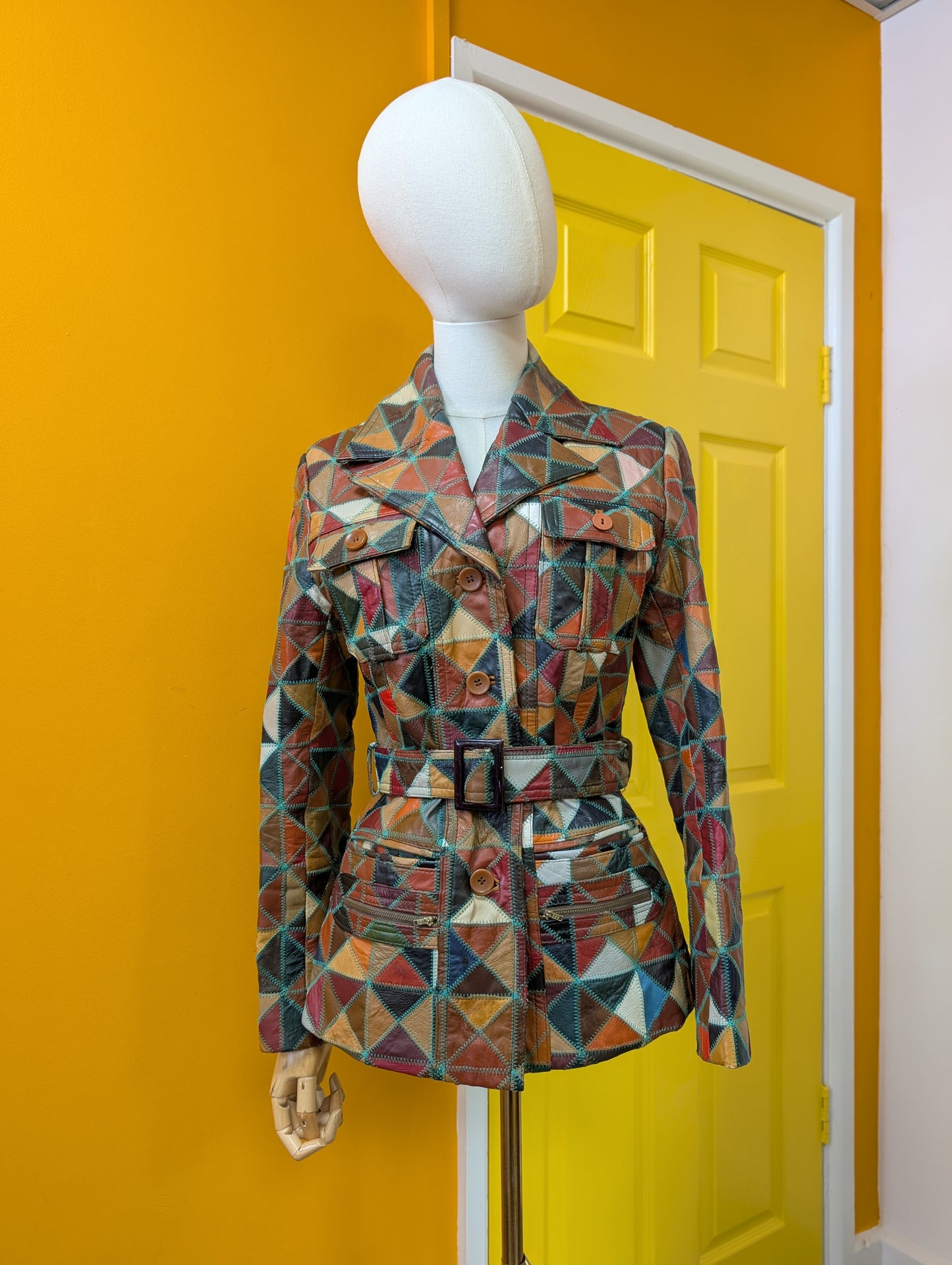 1970s patchwork leather jacket and belt - XS/S