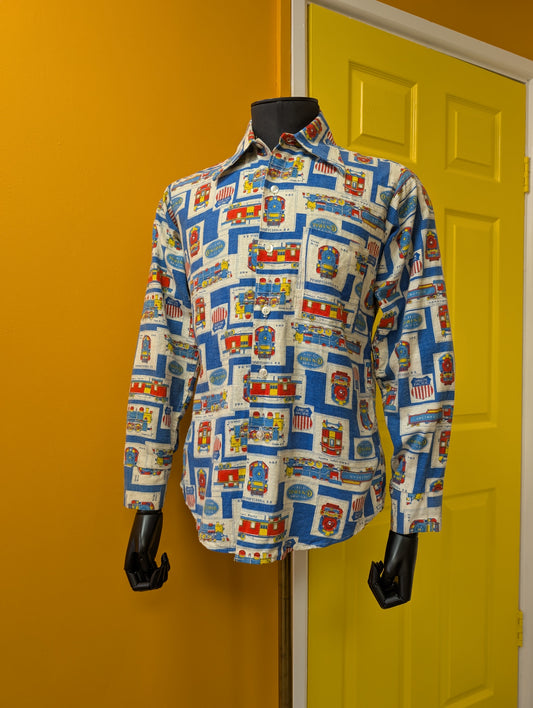 1960s Prest-Rite novelty train print cotton flannel shirt