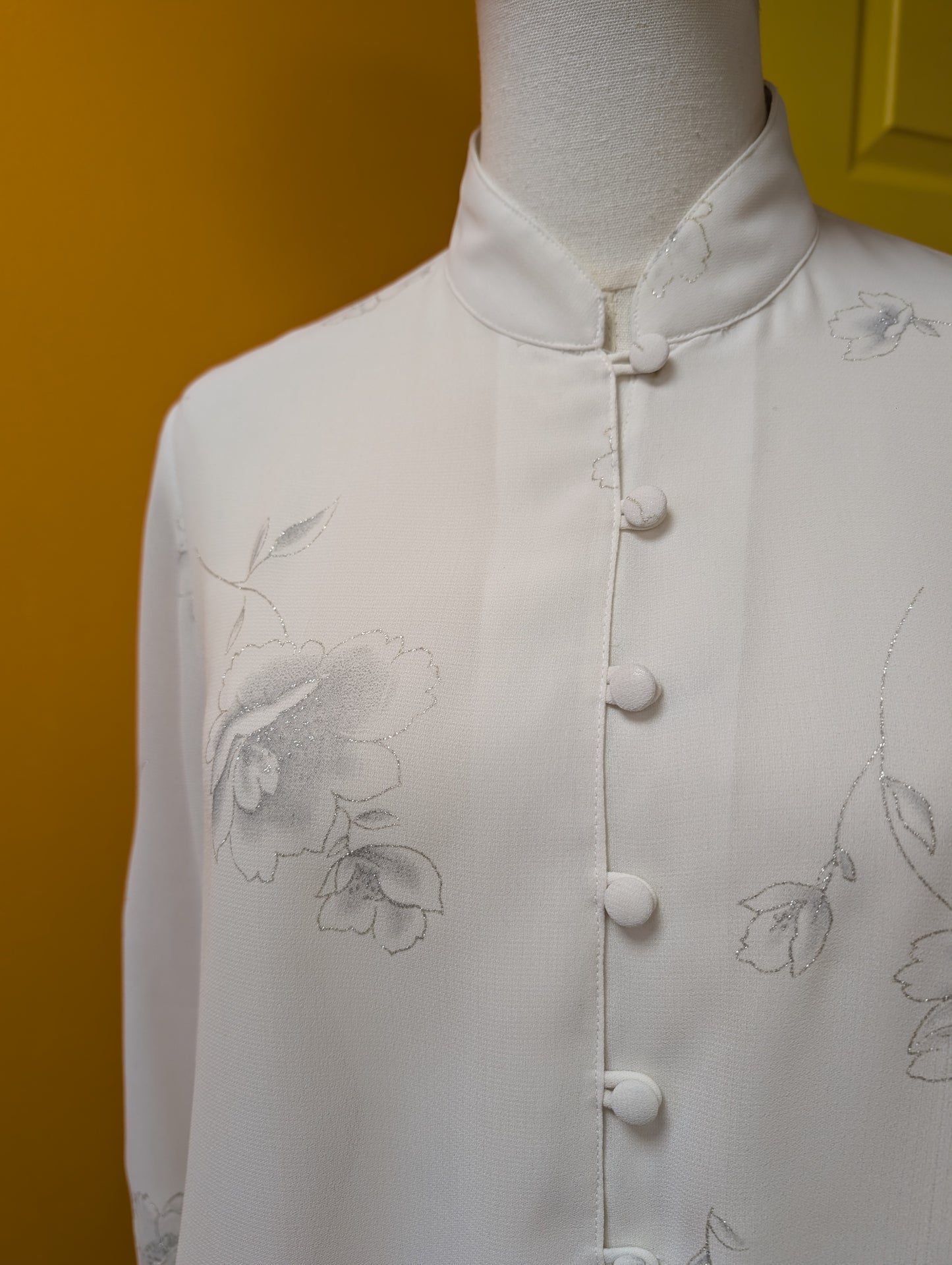 1980s white & silver floral shirt - M