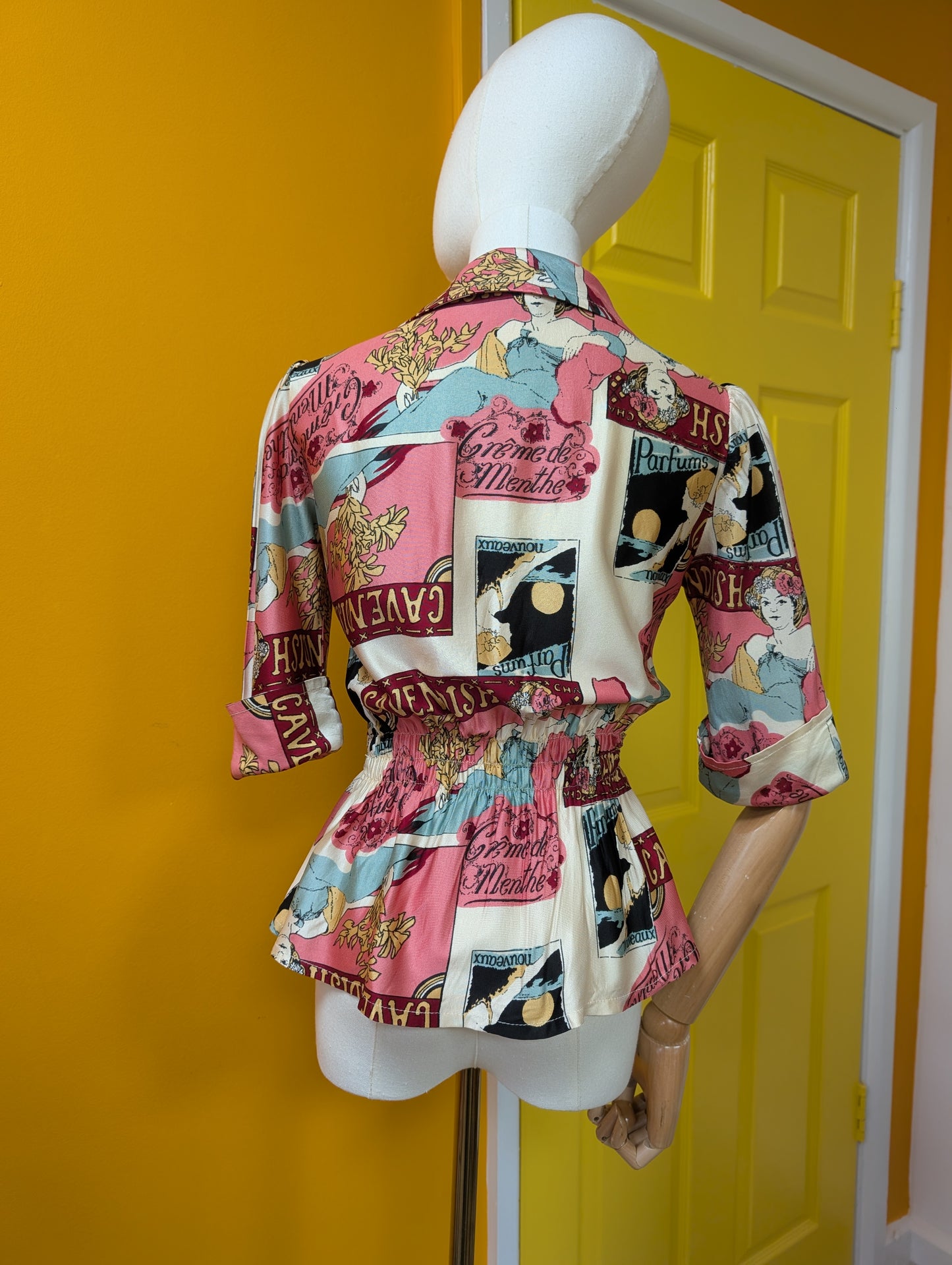 1970s Dorothy Perkins novelty Art Nouveau print tie waist top - XS/S