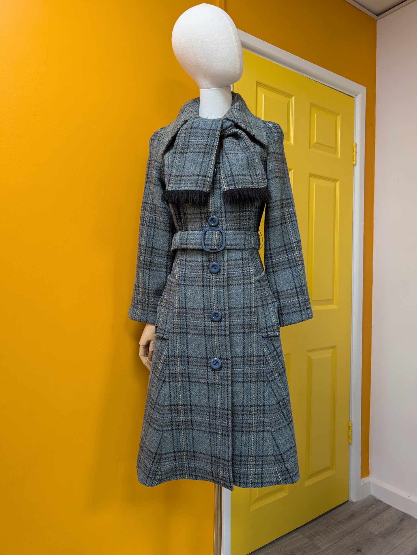1970s wool blend coat, belt & scarf