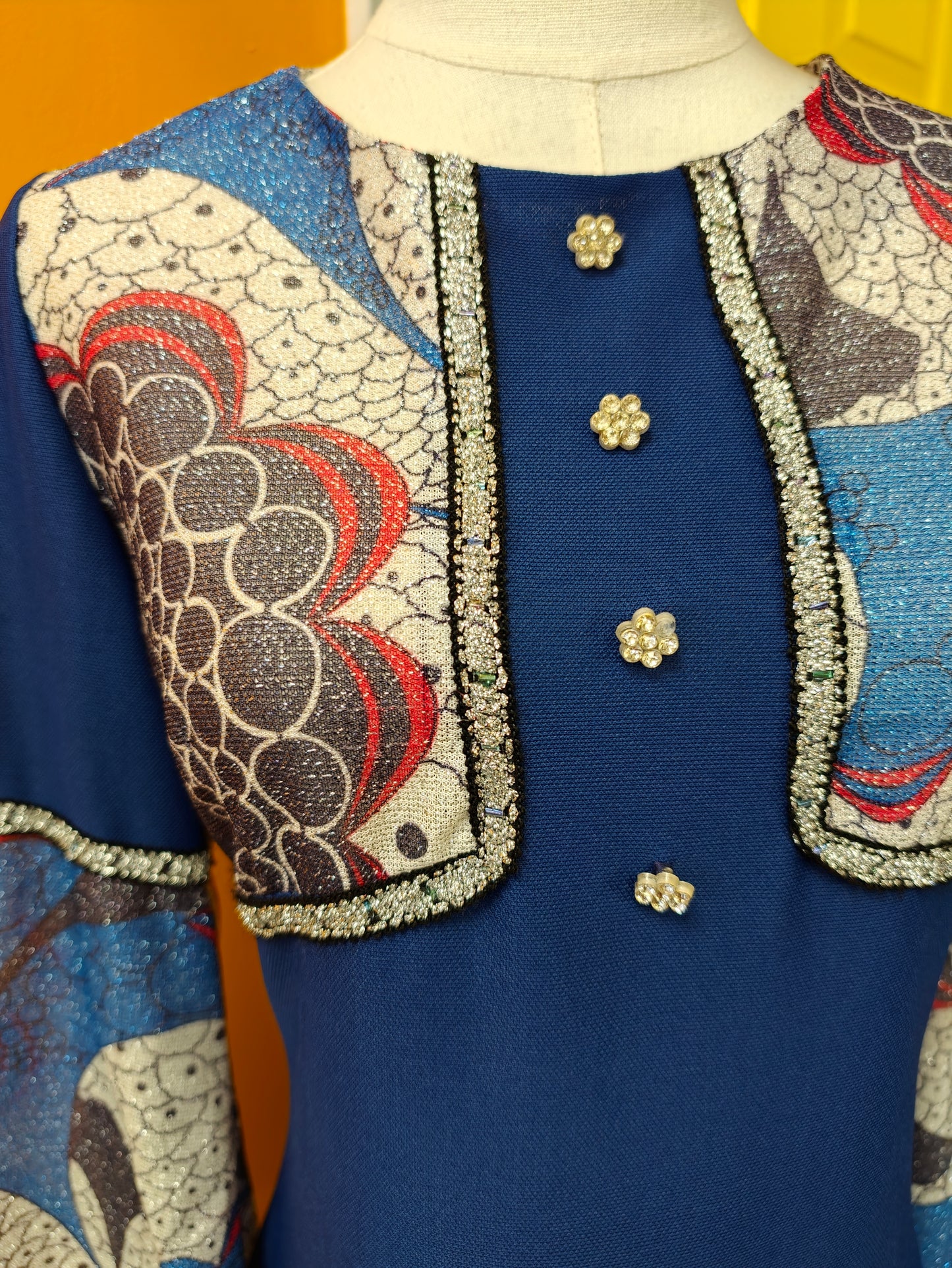 60s/70s blue & silver lurex maxi dress - M/12
