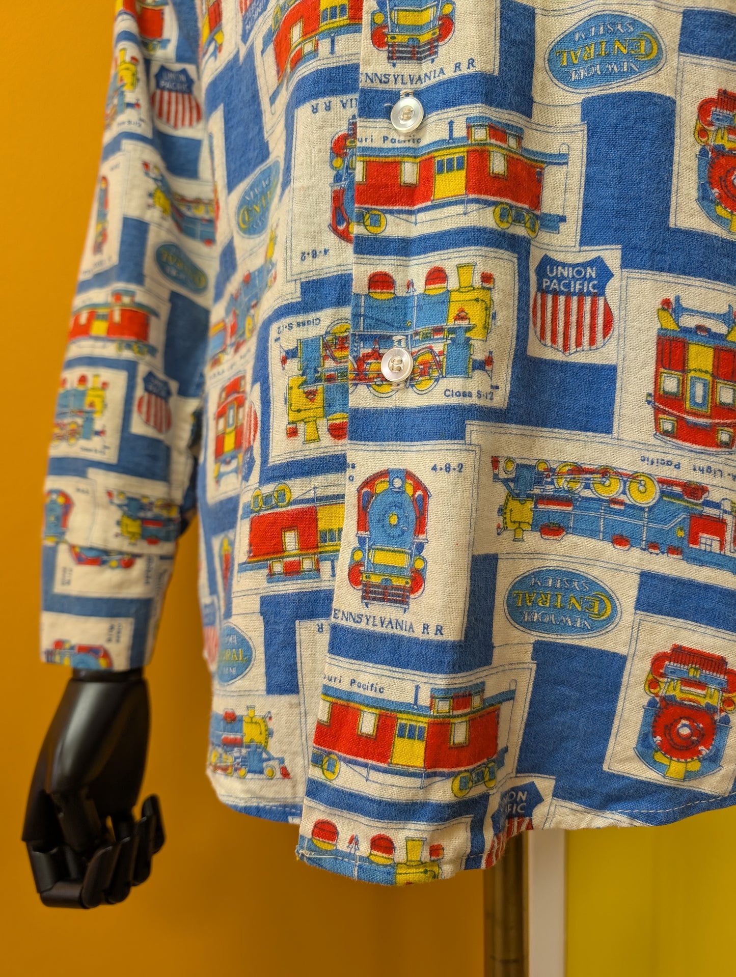 1960s Prest-Rite novelty train print cotton flannel shirt