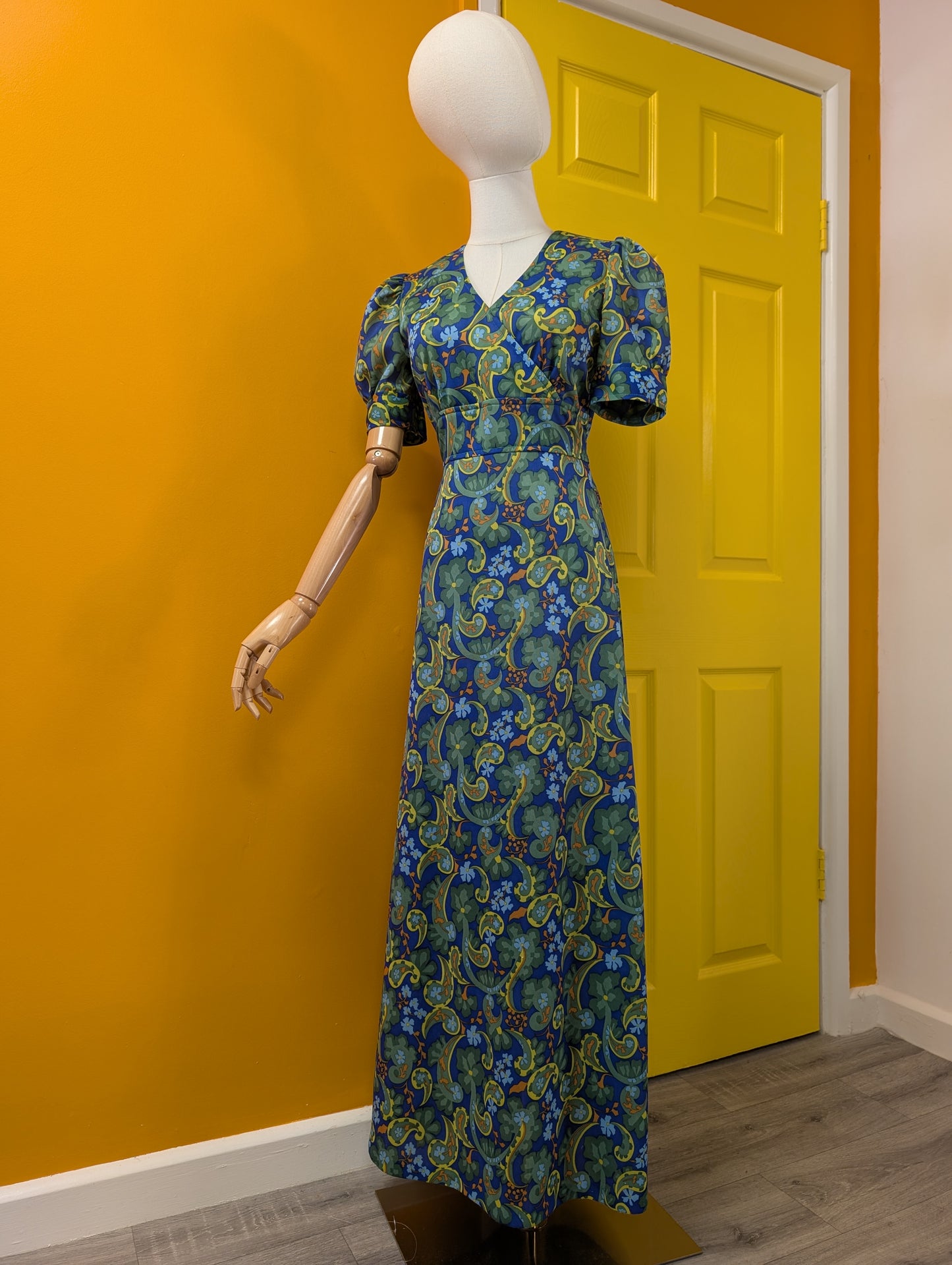 1970s green/blue paisley maxi dress - S/10