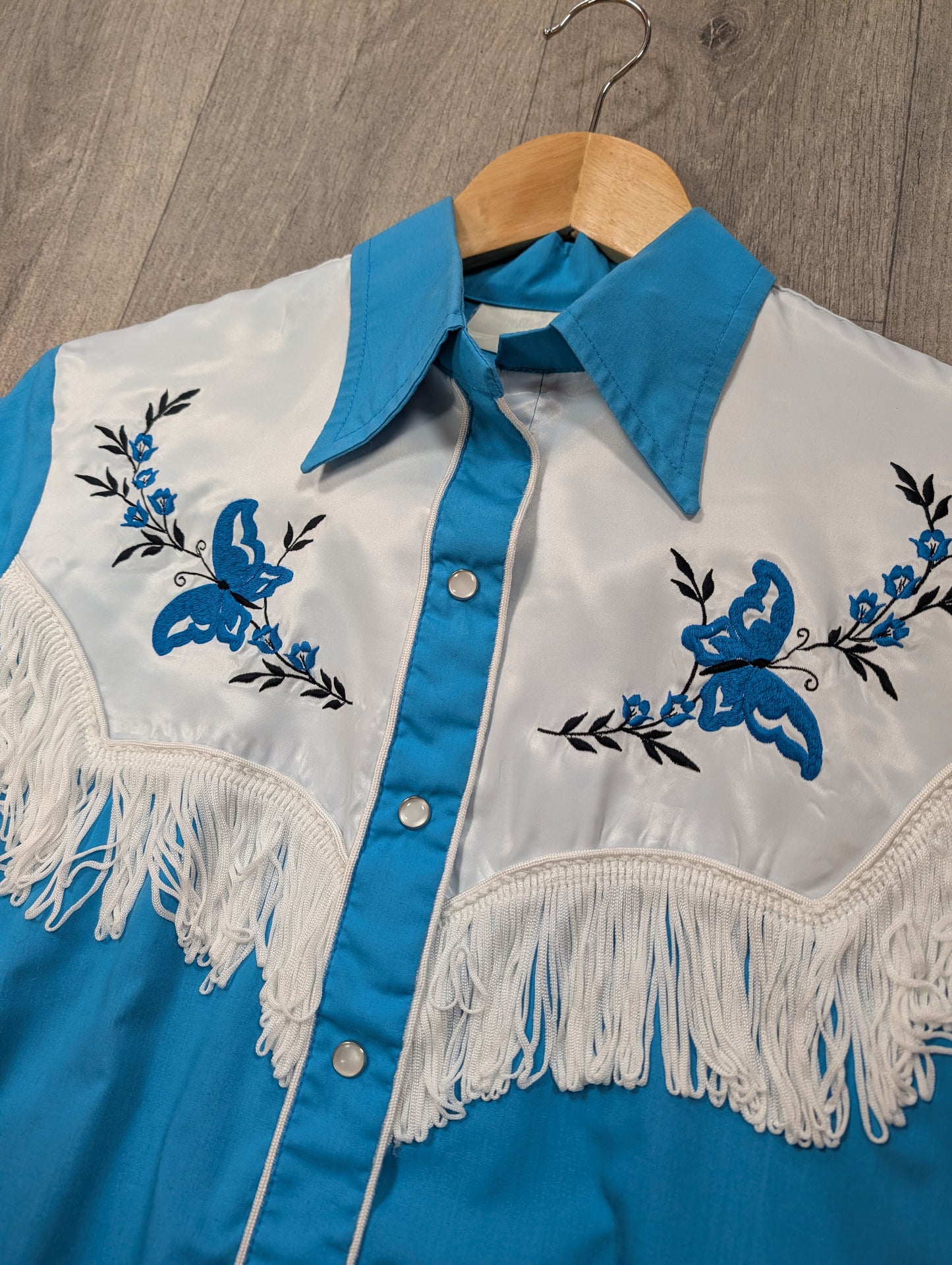 1970s embroidered and fringed blue butterfly western shirt