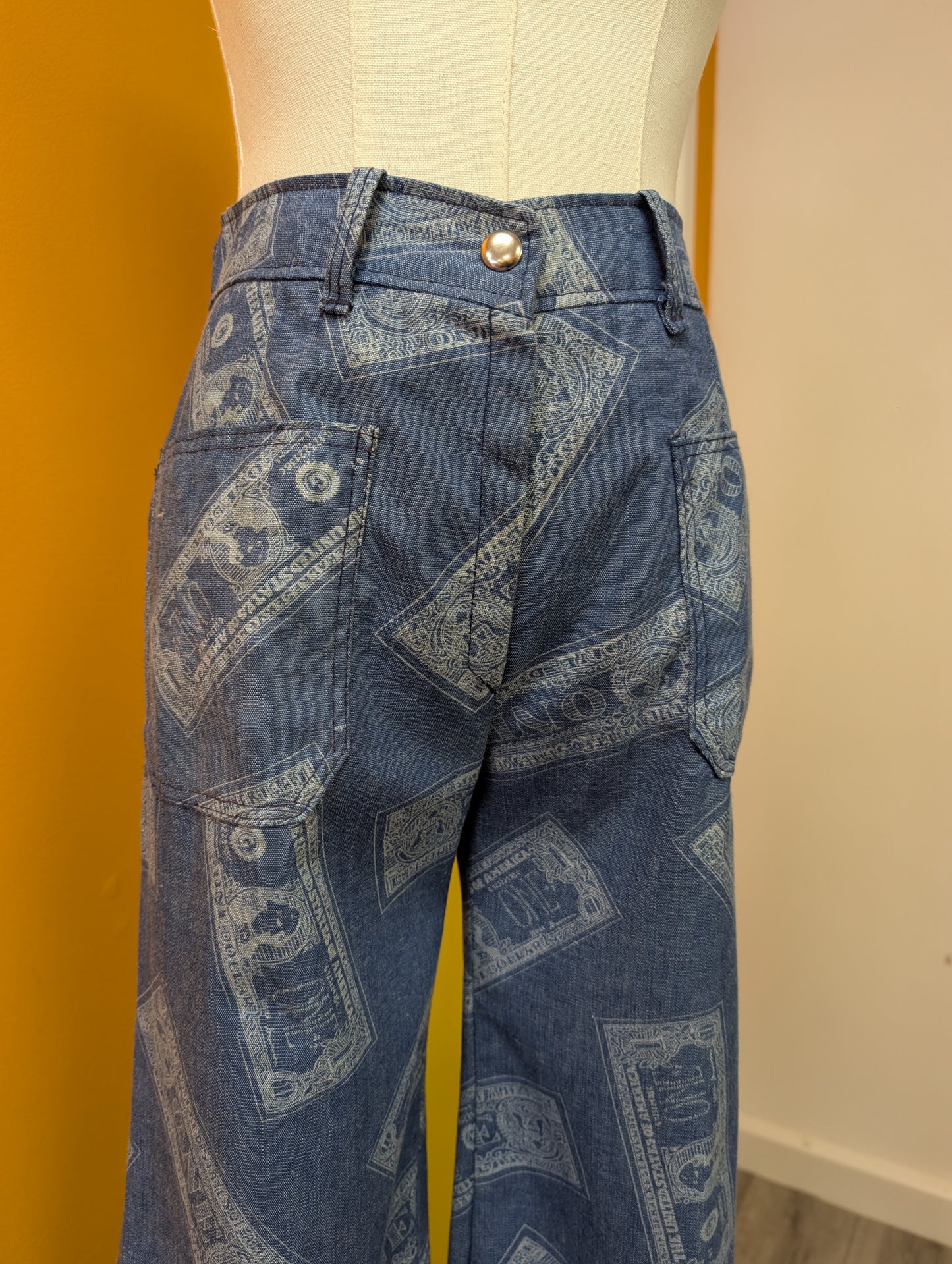 Epic 1970s Dereta novelty dollar bill print flares - 26"W 32"L