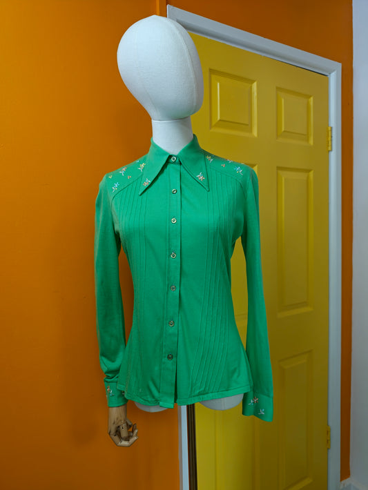1970s embroidered green dagger collar shirt - S/M