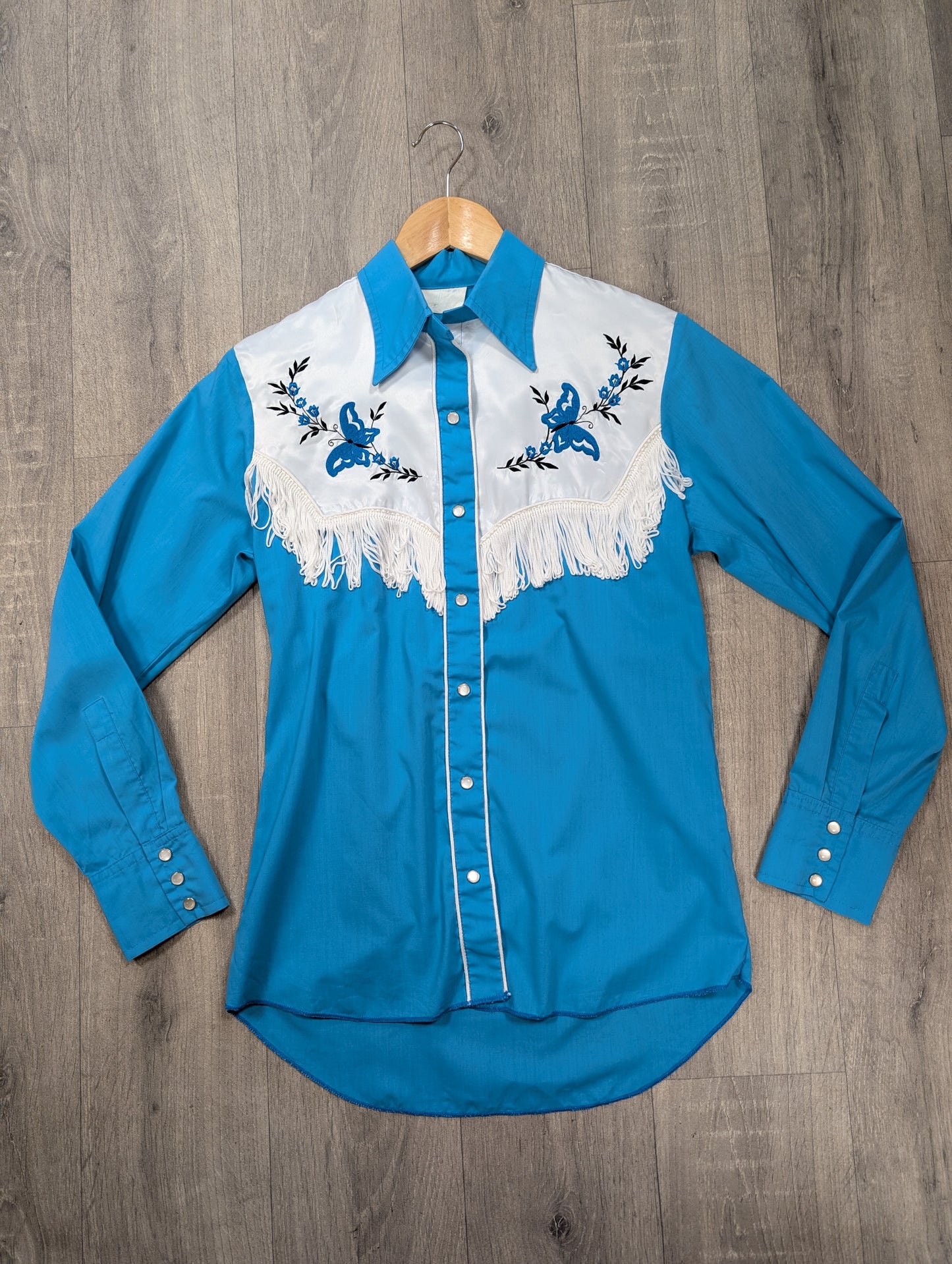 1970s embroidered and fringed blue butterfly western shirt