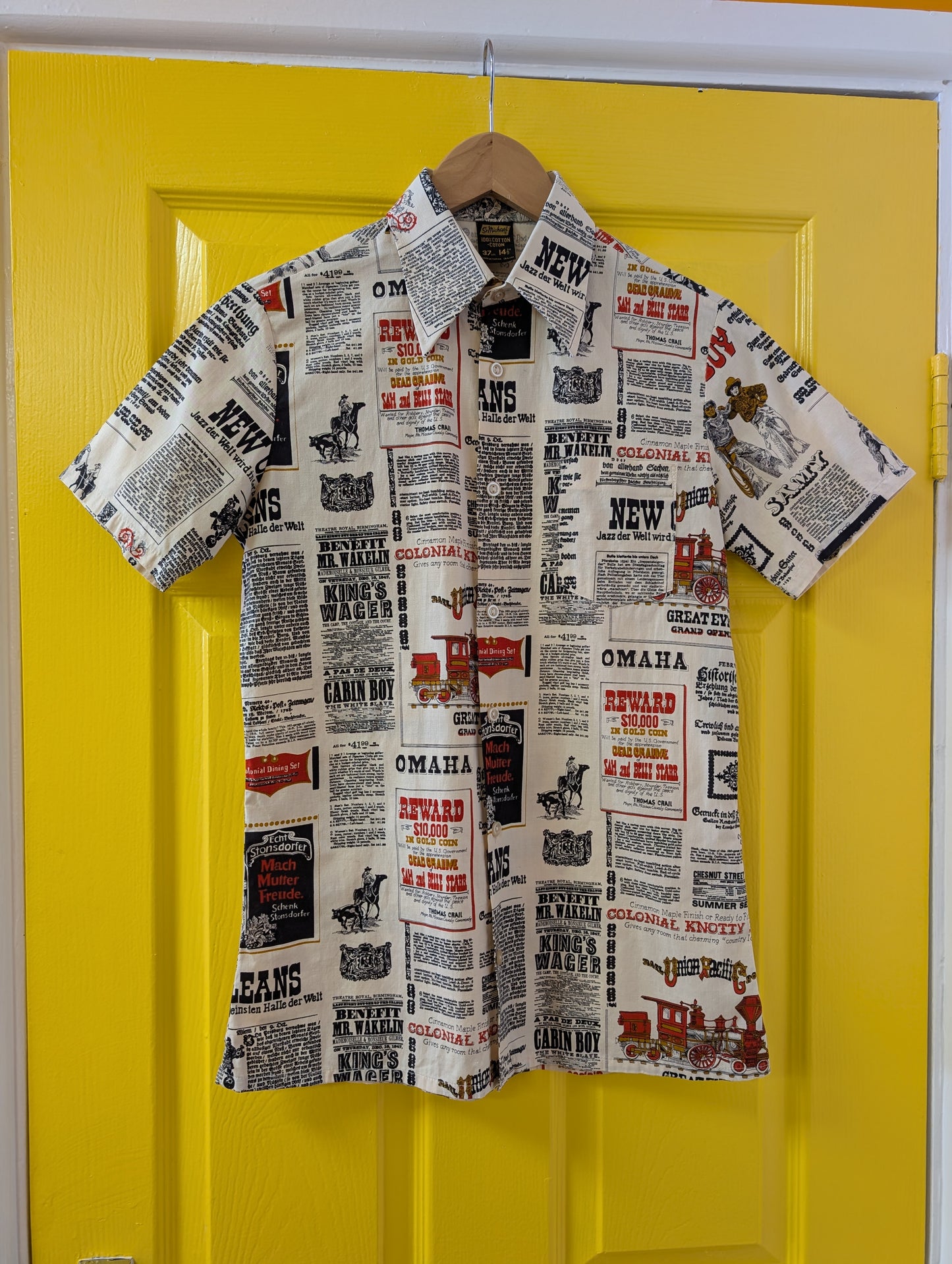 1970s St Michael novelty newspaper print dagger collar shirt