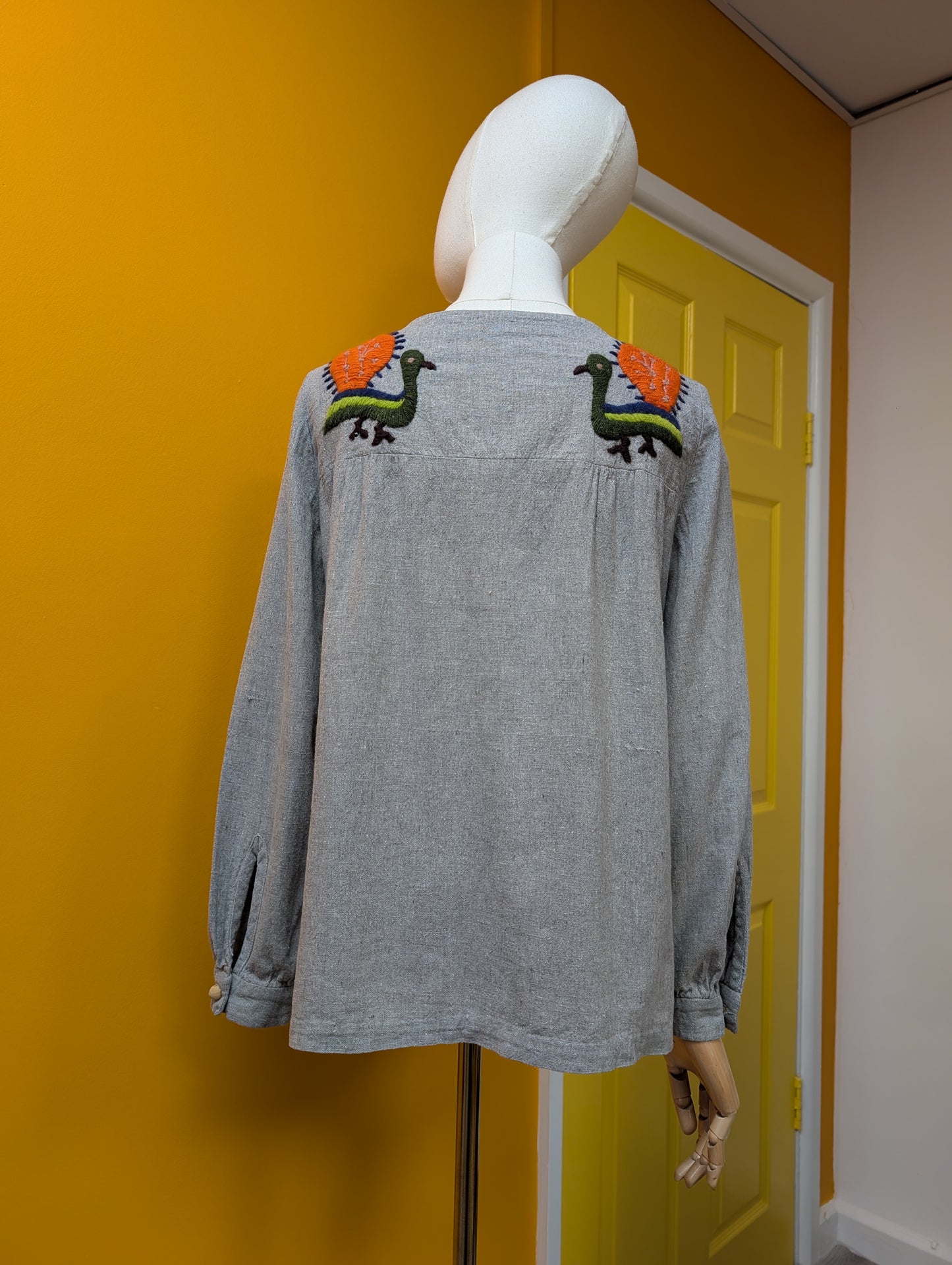 1970s India Imports embroidered peacock cotton top - S